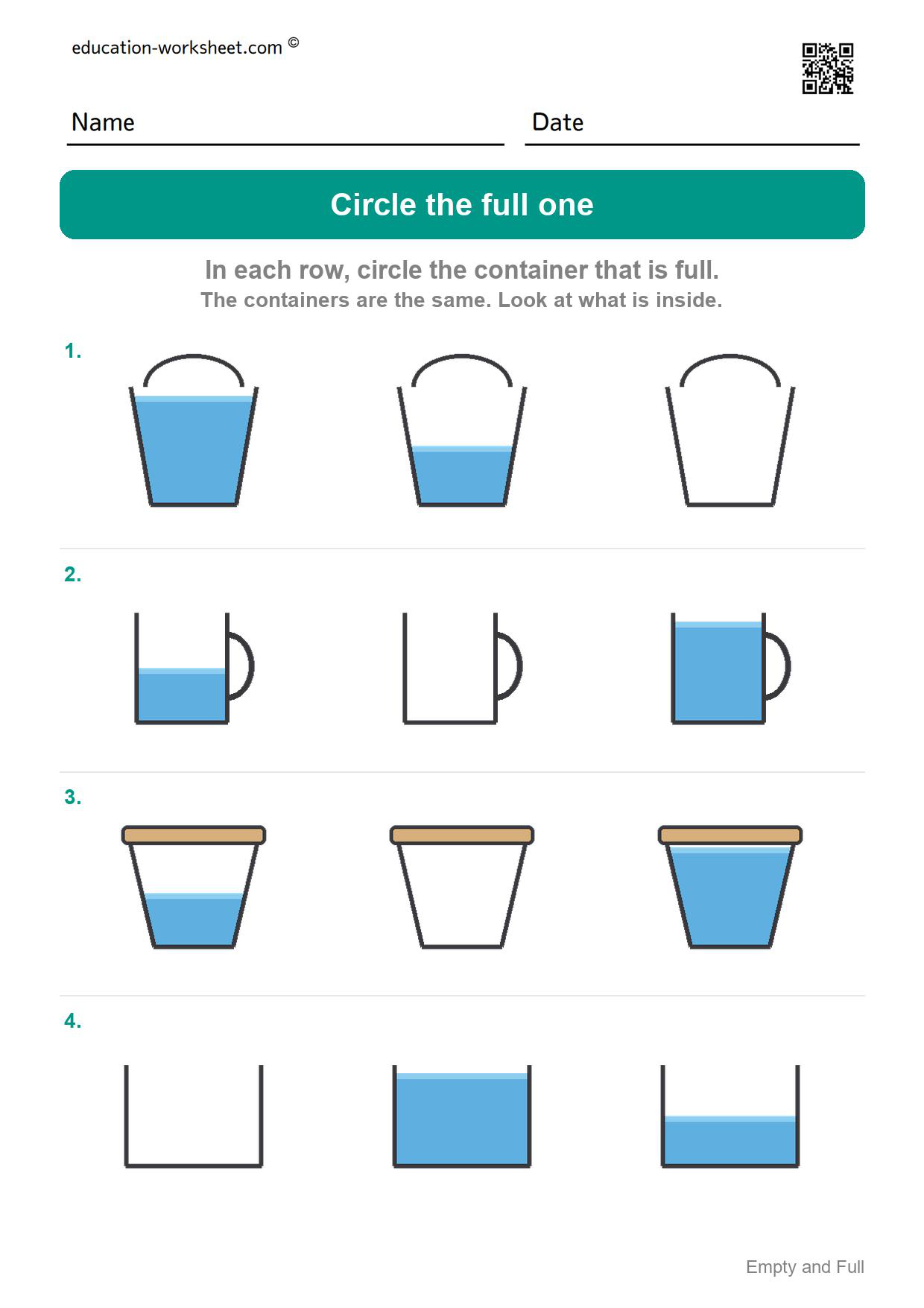 Circle the full one (Set 6) - Free Empty and Full Worksheets for Kindergarten - Compare Amounts