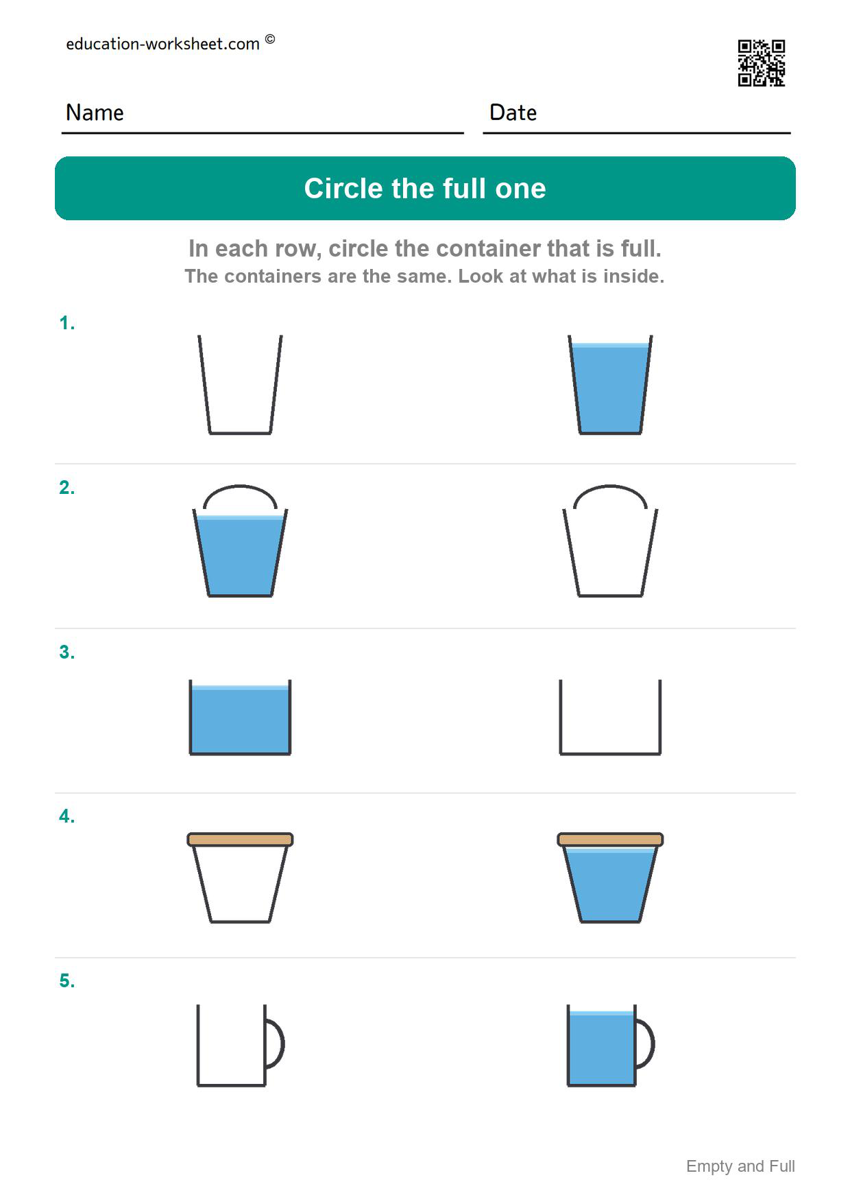 Circle the full one (Set 7) - Free Empty and Full Worksheets for Kindergarten - Compare Amounts