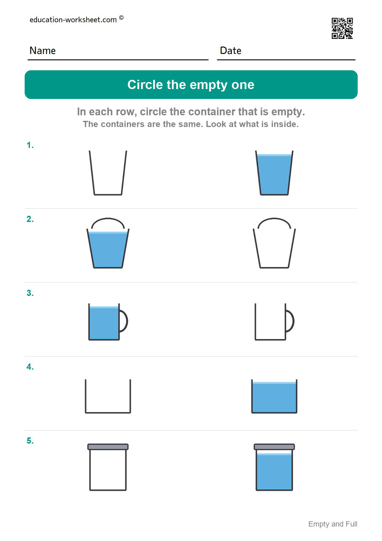 Circle the empty one (Set 8) - Free Empty and Full Worksheets for Kindergarten - Compare Amounts
