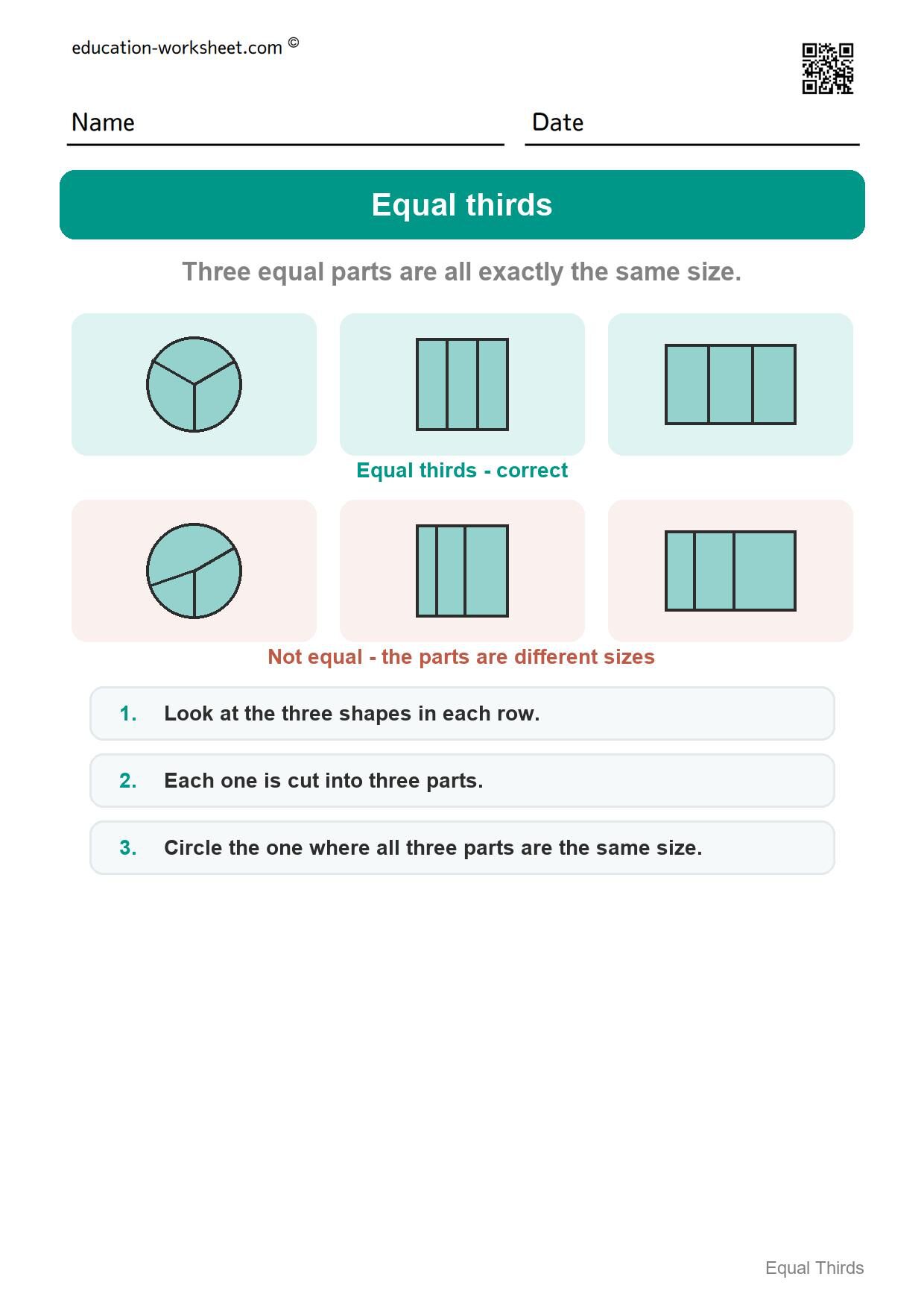 How to use this worksheet - Free Thirds Worksheets for Kindergarten - Three Equal Parts