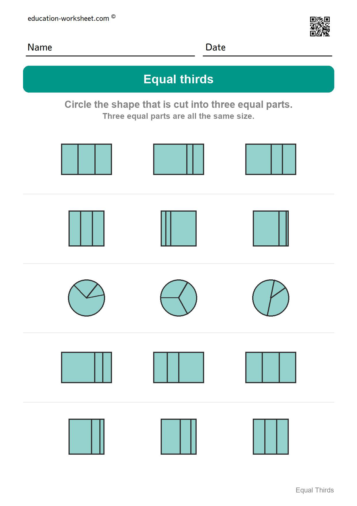 Circle the equal thirds (Set 9) - Free Thirds Worksheets for Kindergarten - Three Equal Parts