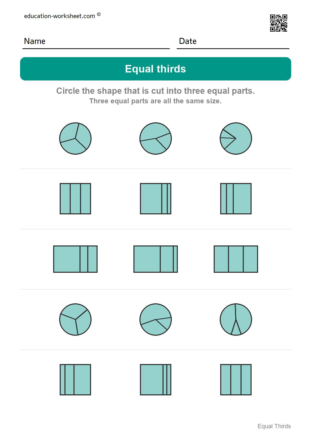 Circle the equal thirds (Set 10) - Free Thirds Worksheets for Kindergarten - Three Equal Parts