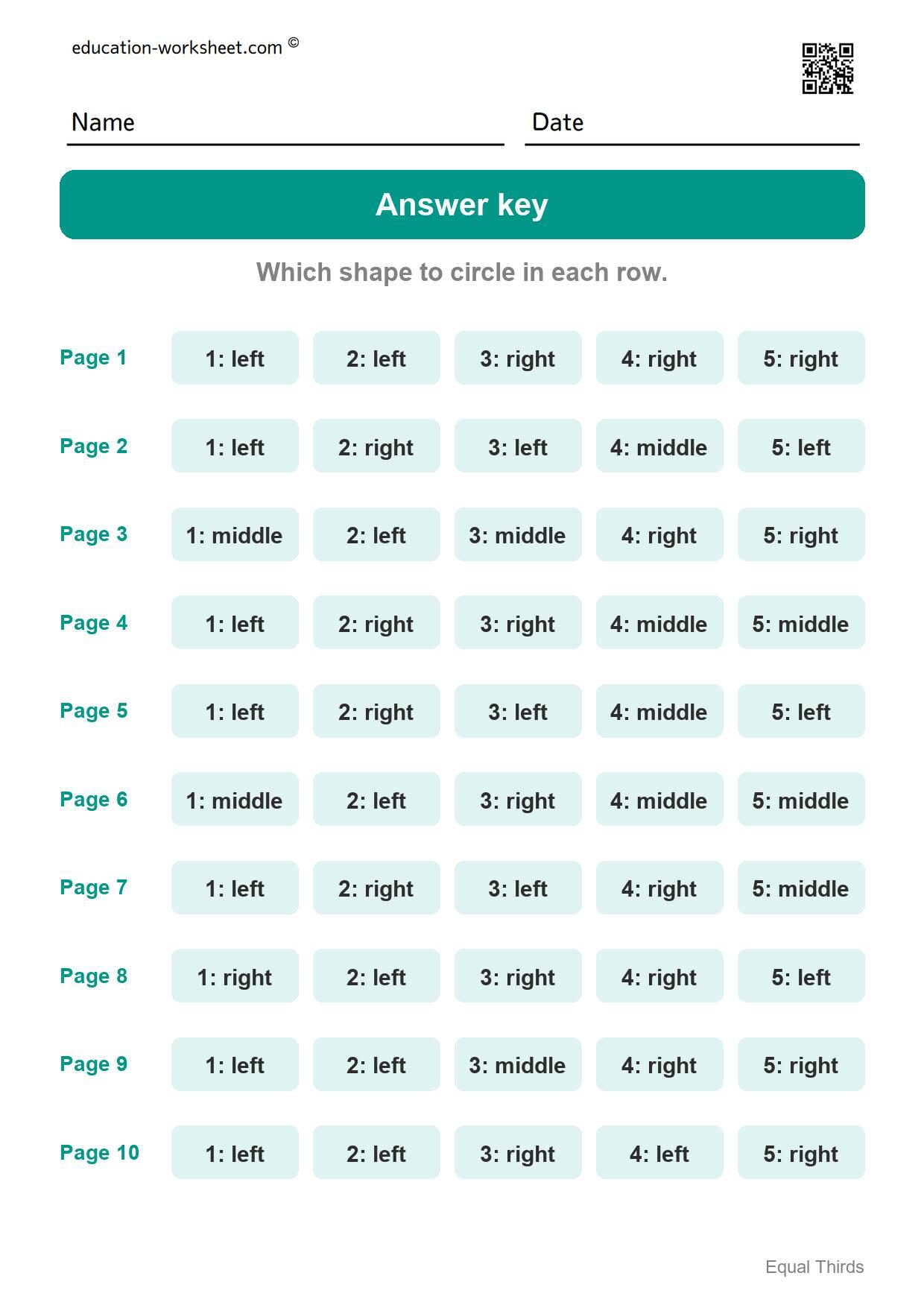 Answer key - all 10 pages - Free Thirds Worksheets for Kindergarten - Three Equal Parts
