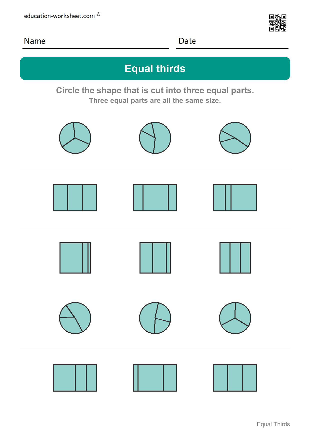 Circle the equal thirds (Set 1) - Free Thirds Worksheets for Kindergarten - Three Equal Parts