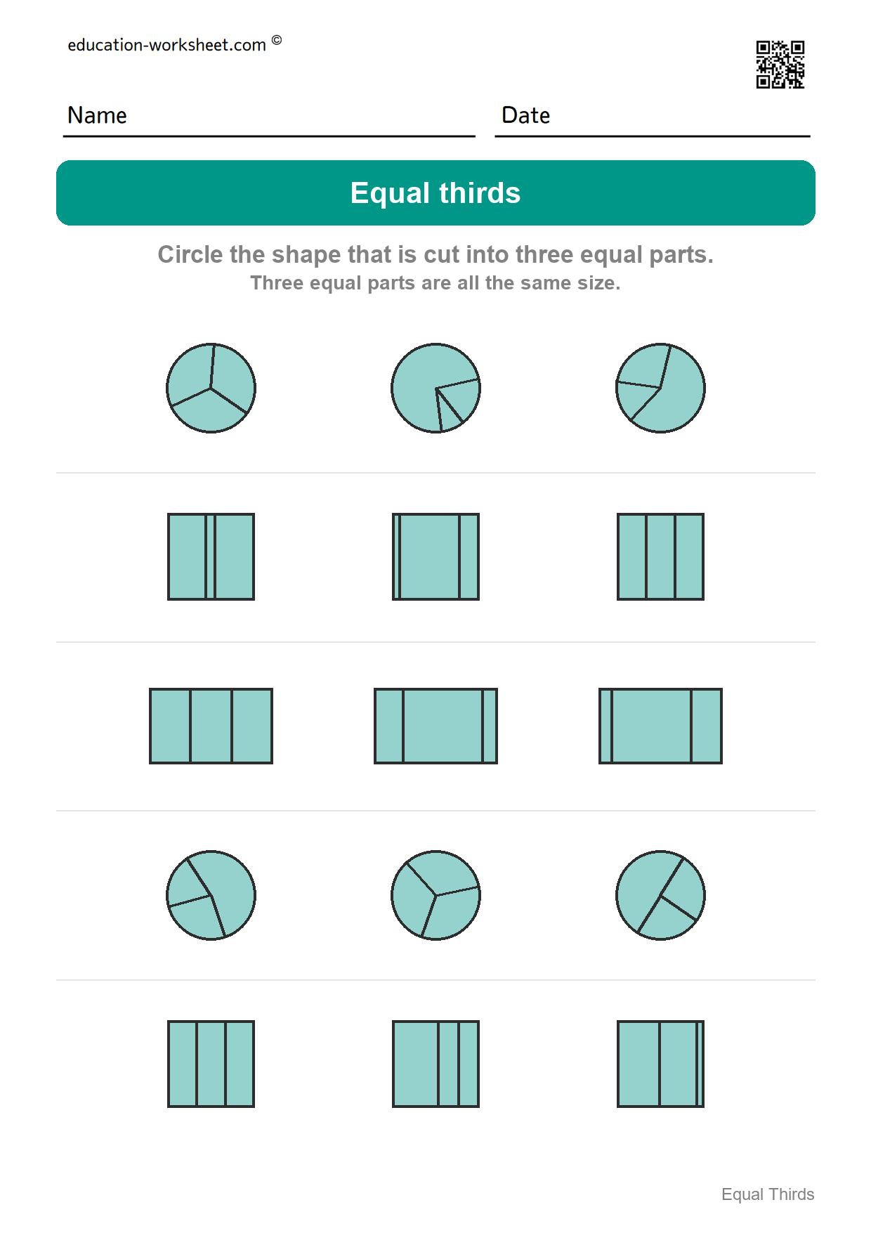 Circle the equal thirds (Set 2) - Free Thirds Worksheets for Kindergarten - Three Equal Parts