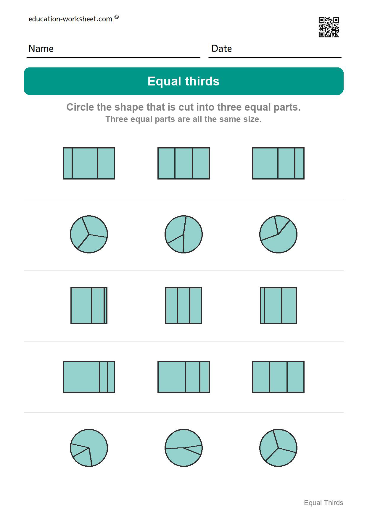 Circle the equal thirds (Set 3) - Free Thirds Worksheets for Kindergarten - Three Equal Parts