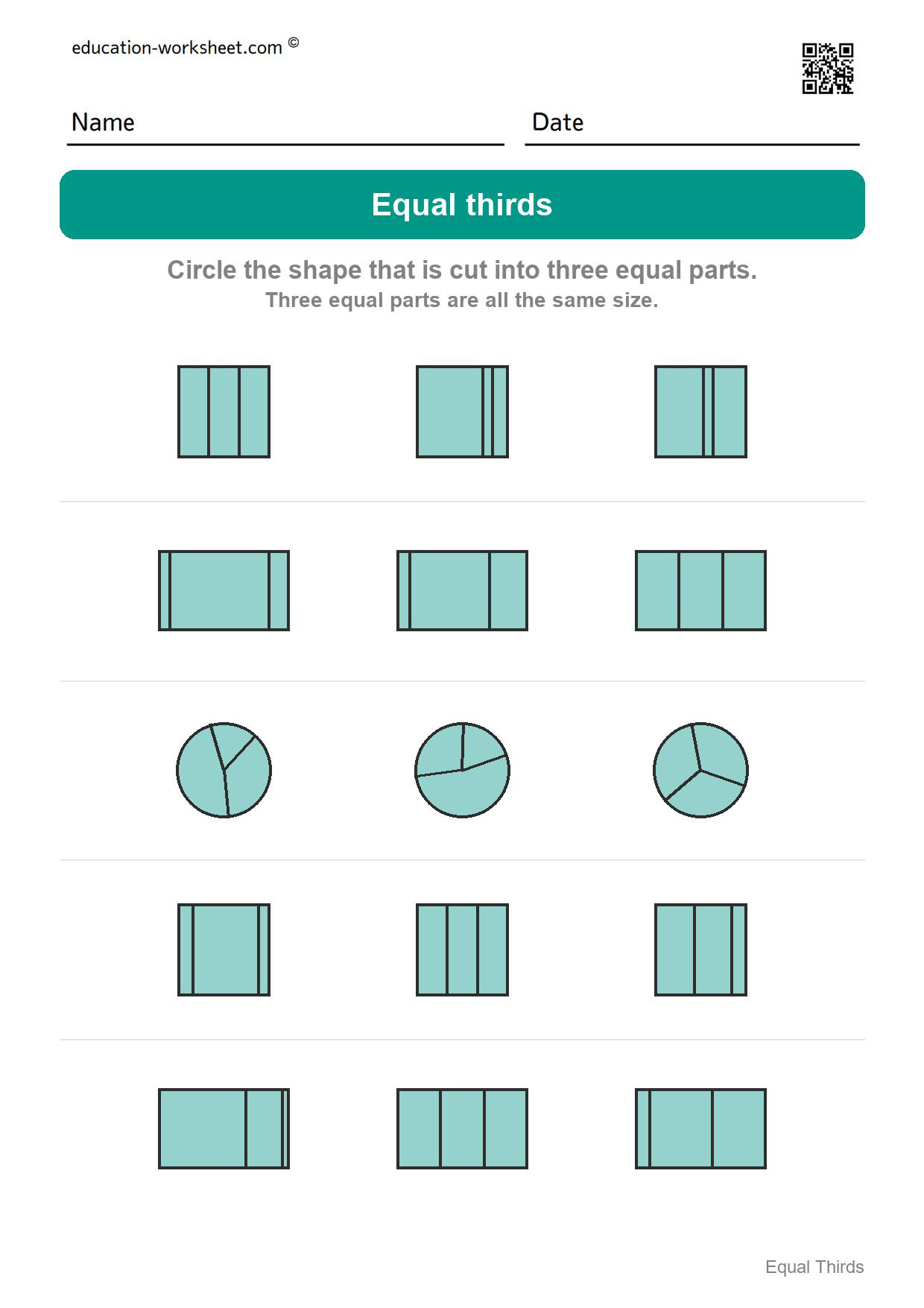 Circle the equal thirds (Set 4) - Free Thirds Worksheets for Kindergarten - Three Equal Parts