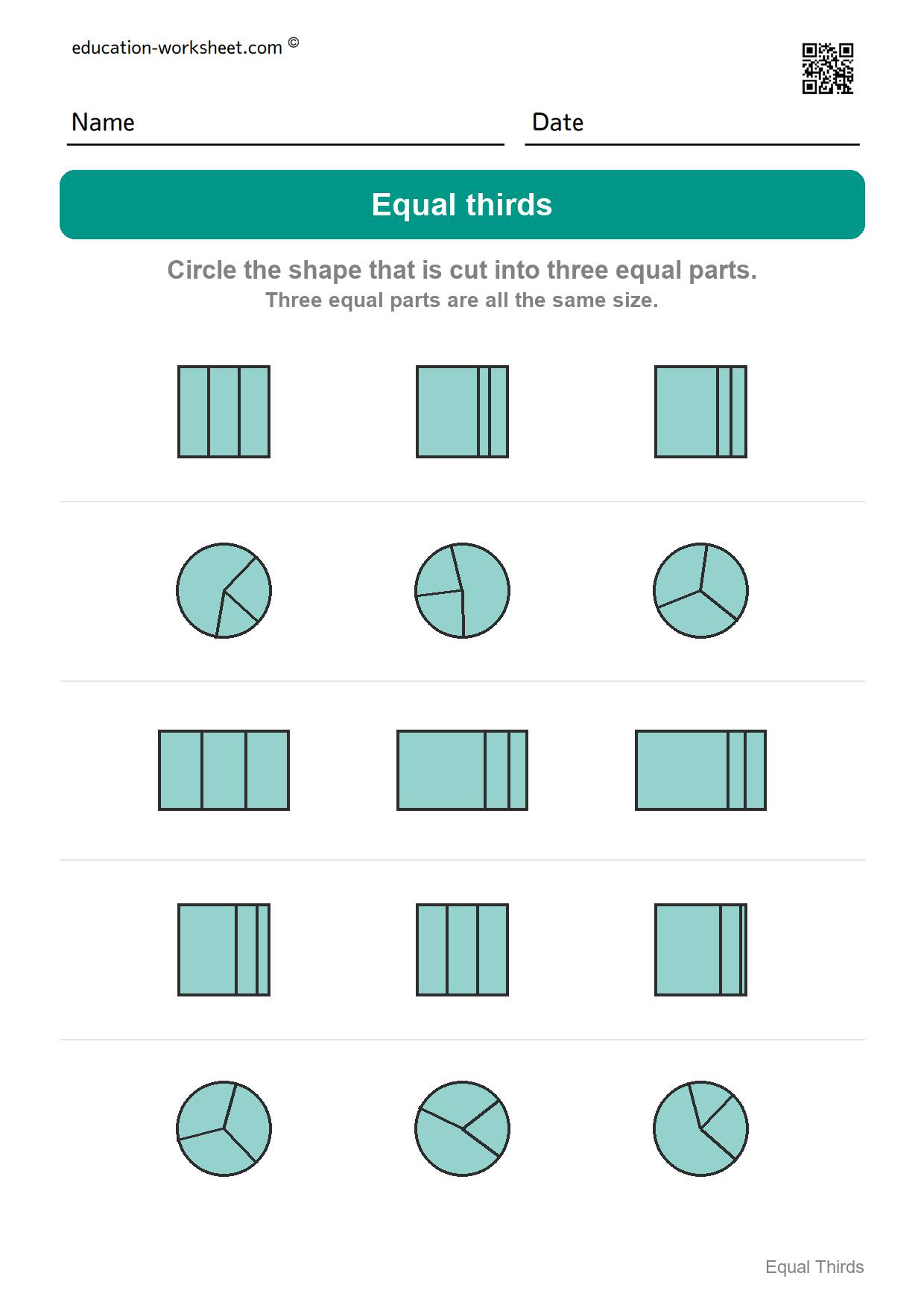 Circle the equal thirds (Set 5) - Free Thirds Worksheets for Kindergarten - Three Equal Parts
