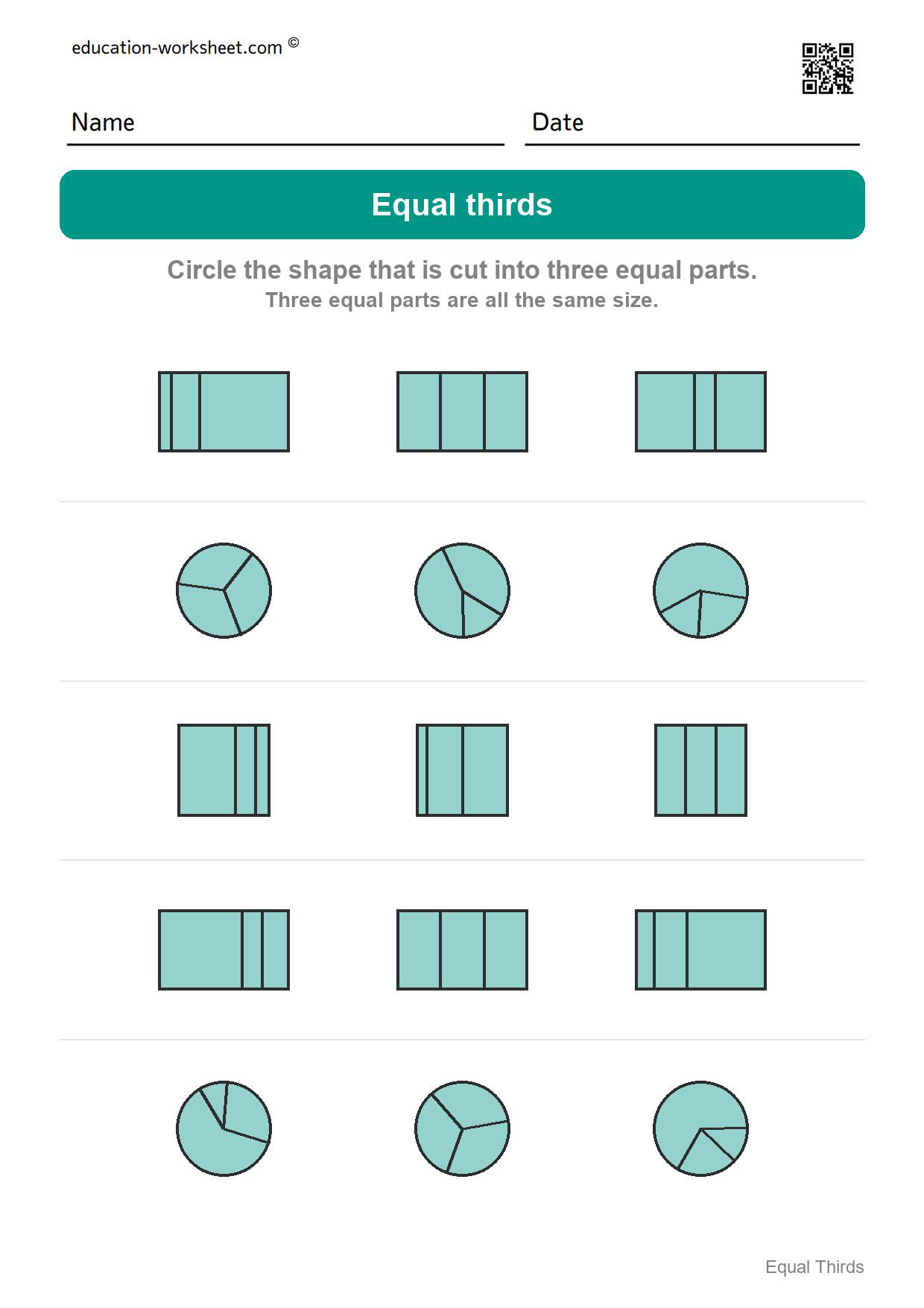 Circle the equal thirds (Set 6) - Free Thirds Worksheets for Kindergarten - Three Equal Parts