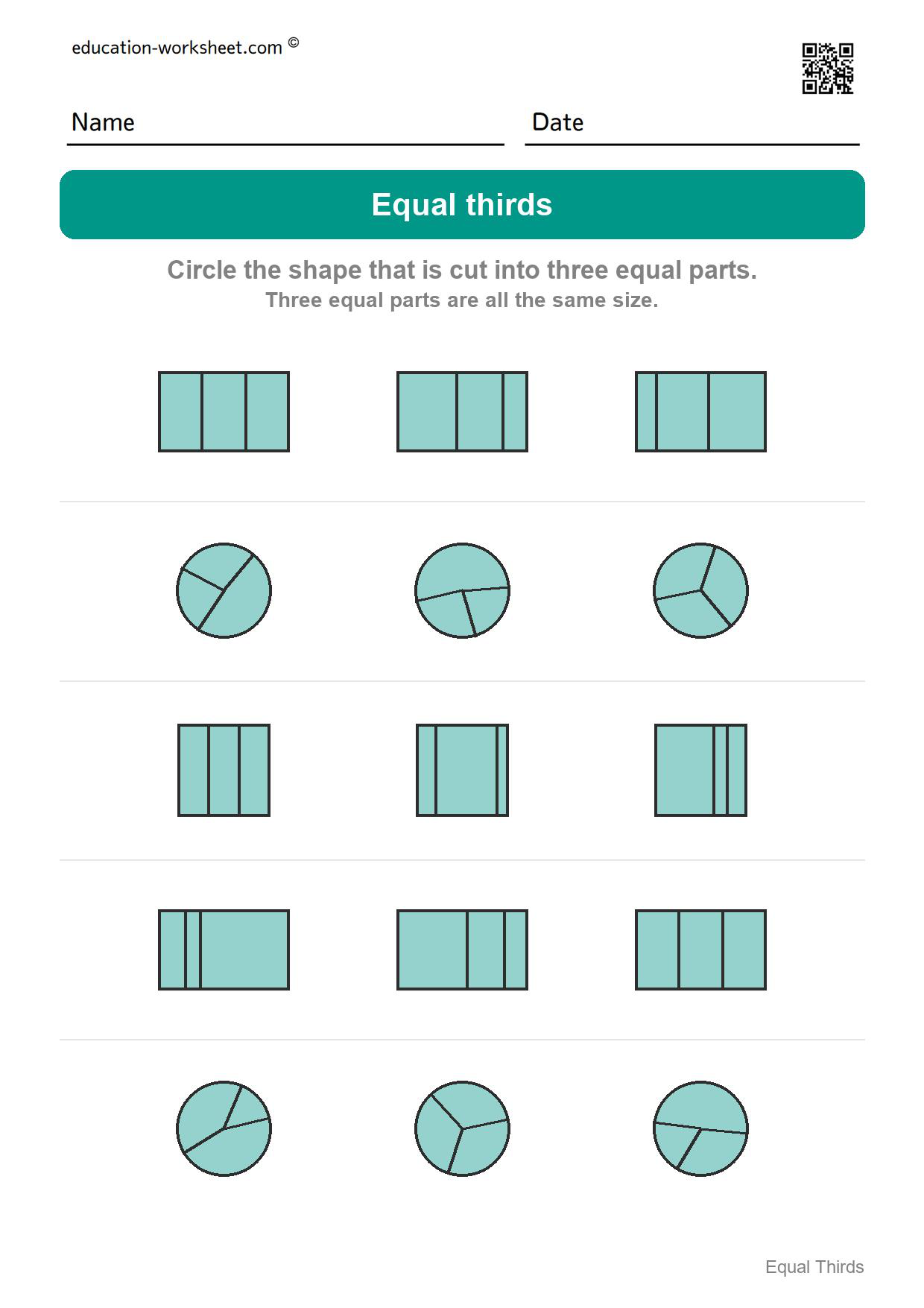 Circle the equal thirds (Set 7) - Free Thirds Worksheets for Kindergarten - Three Equal Parts