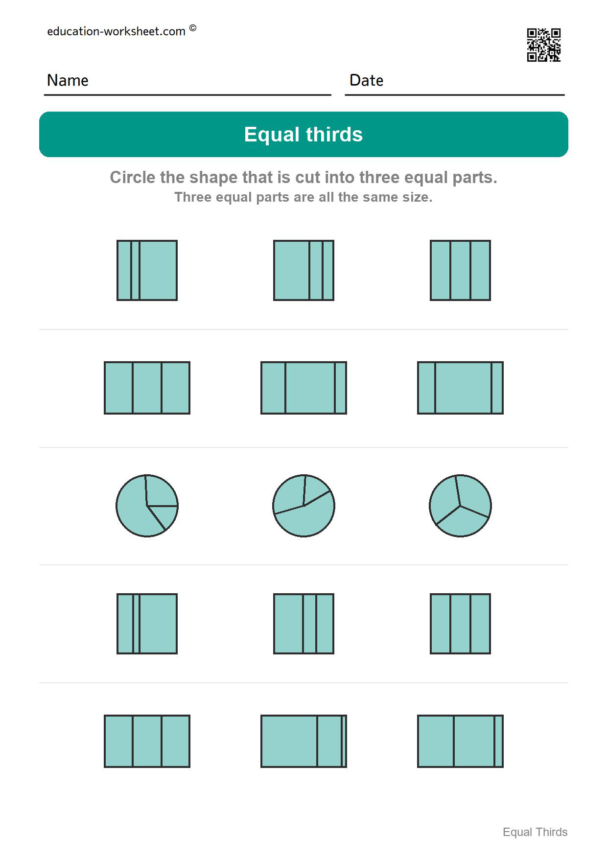 Circle the equal thirds (Set 8) - Free Thirds Worksheets for Kindergarten - Three Equal Parts