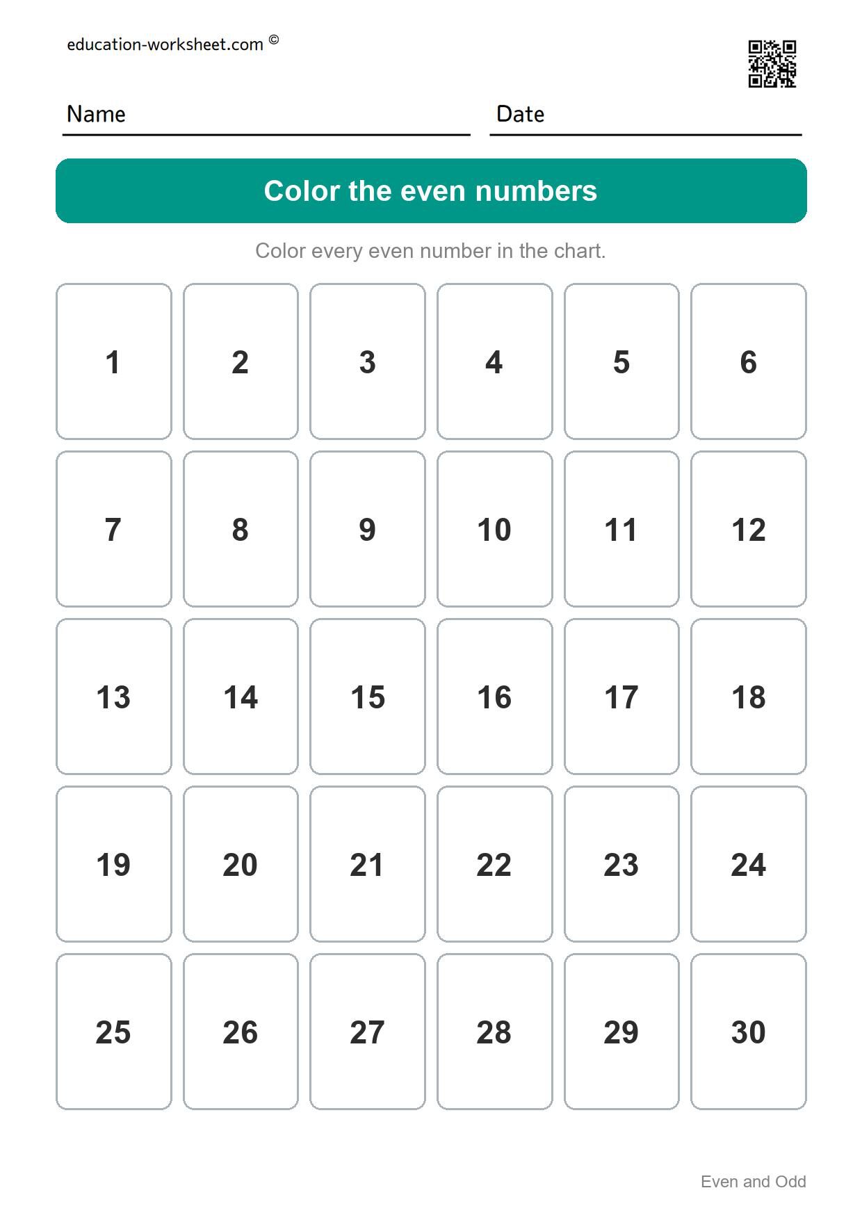 Color the even numbers to 30 (Set 11) - Free Even and Odd Numbers Worksheets for Kindergarten