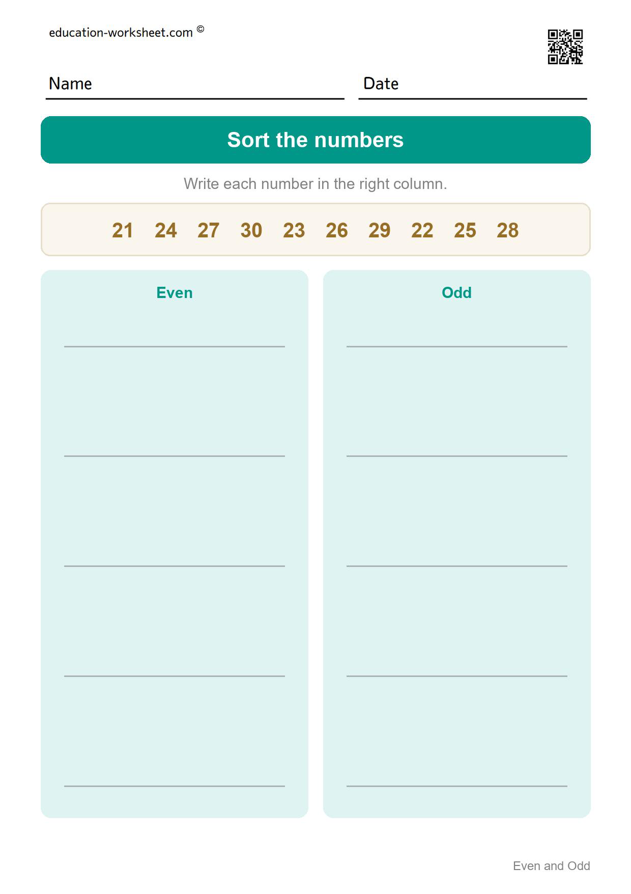 Sort the numbers into even and odd (Set 12) - Free Even and Odd Numbers Worksheets for Kindergarten