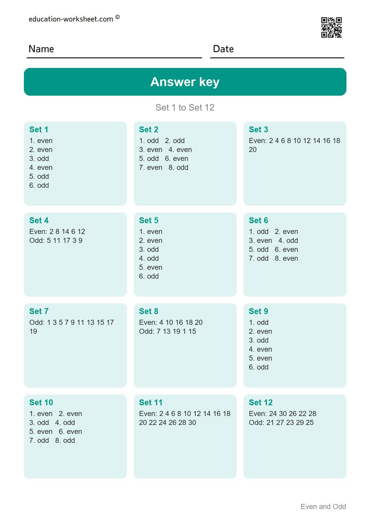 Answer key - Free Even and Odd Numbers Worksheets for Kindergarten