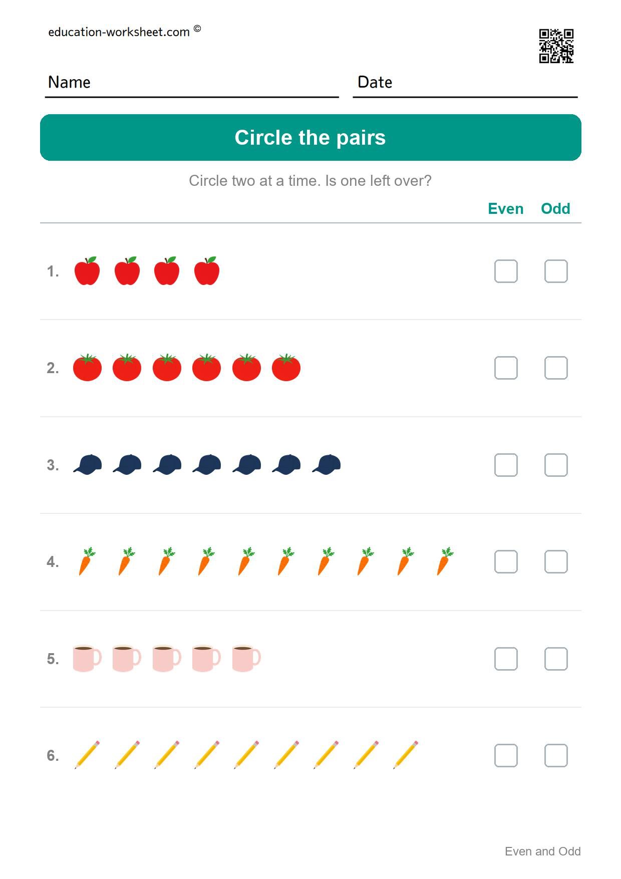 Circle the pairs, even or odd? (Set 1) - Free Even and Odd Numbers Worksheets for Kindergarten