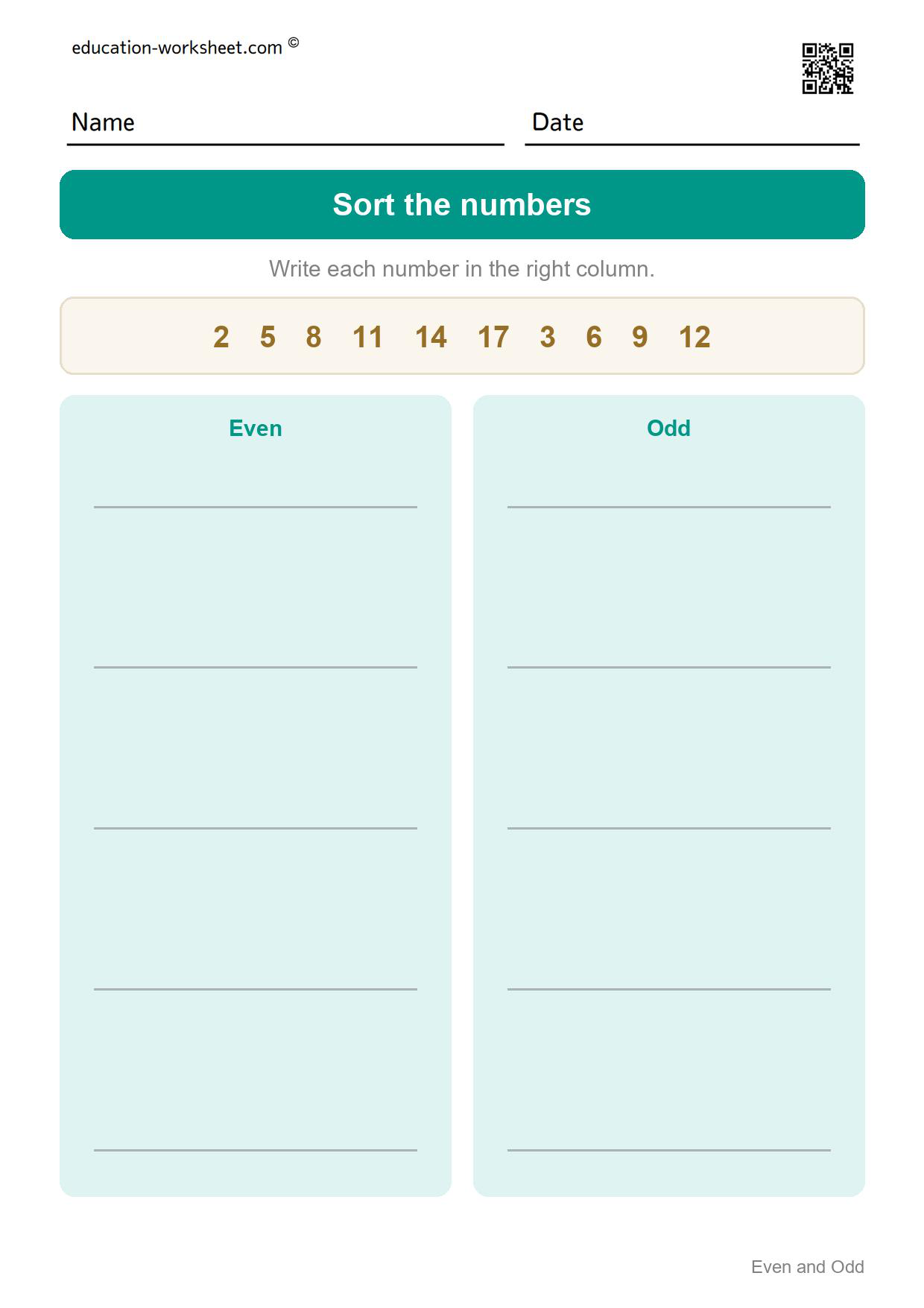 Sort the numbers into even and odd (Set 4) - Free Even and Odd Numbers Worksheets for Kindergarten