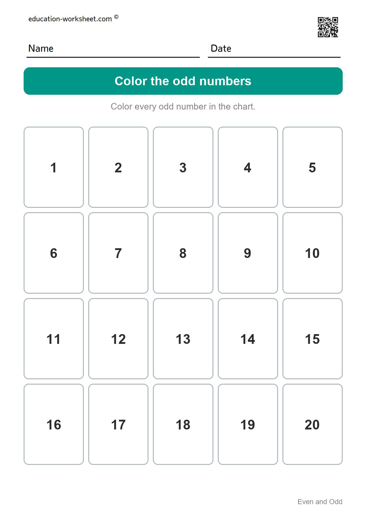 Color the odd numbers to 20 (Set 7) - Free Even and Odd Numbers Worksheets for Kindergarten