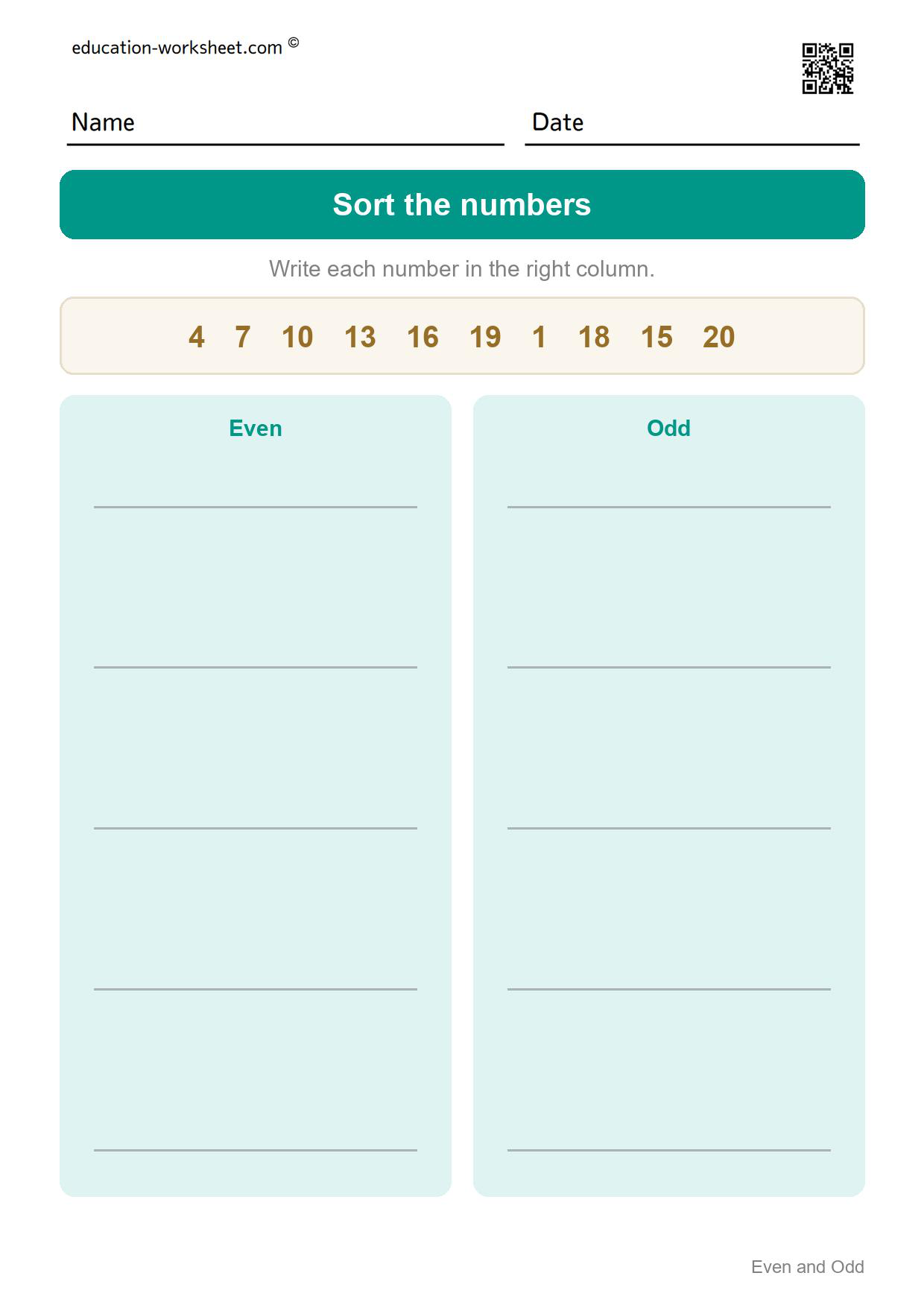 Sort the numbers into even and odd (Set 8) - Free Even and Odd Numbers Worksheets for Kindergarten