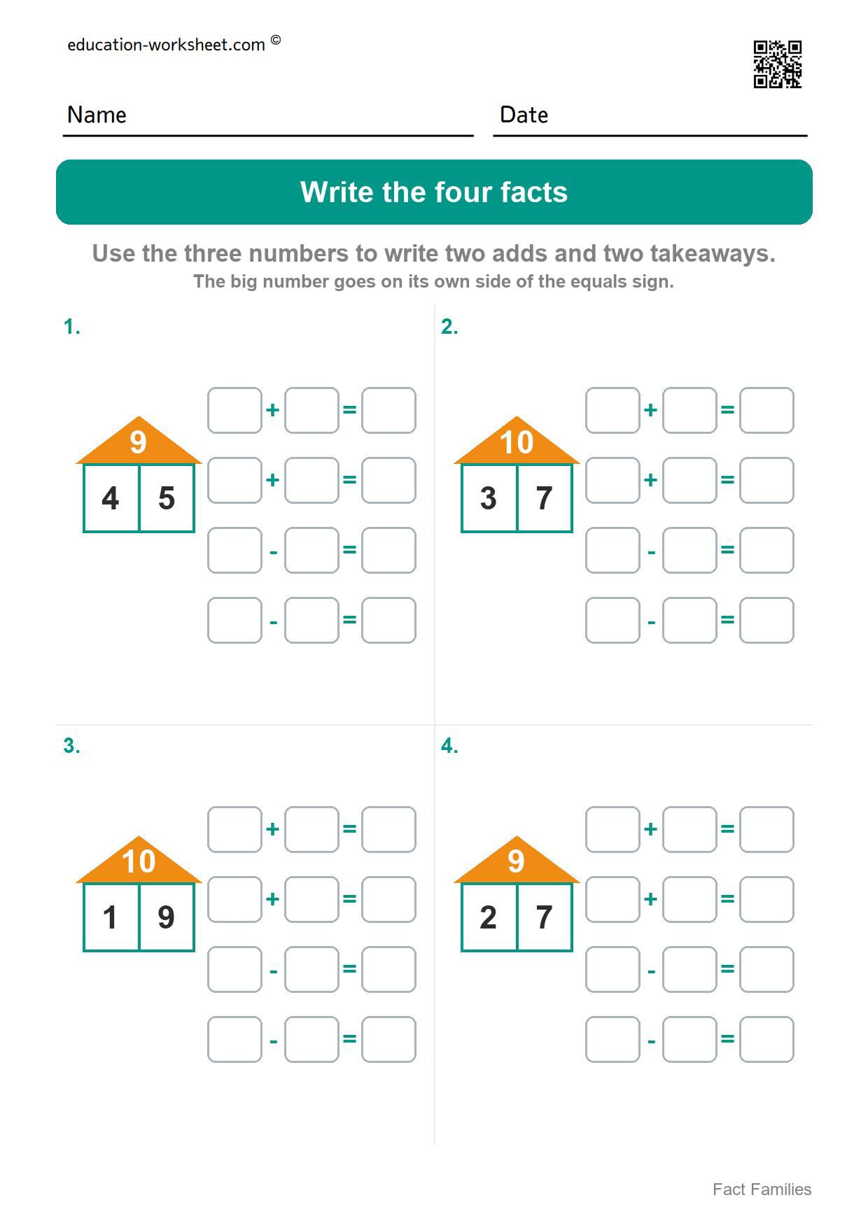 Write the four facts - numbers to 10 (Set 1) - Free Fact Family Worksheets for Kindergarten - Add and Subtract