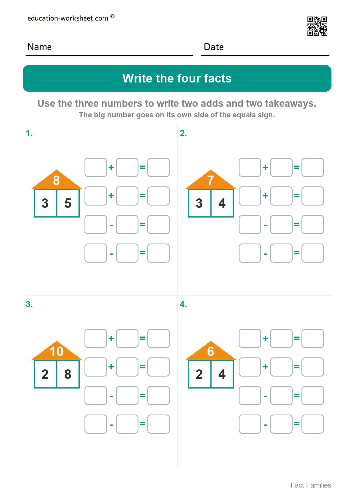 Write the four facts - numbers to 10 (Set 2) - Free Fact Family Worksheets for Kindergarten - Add and Subtract
