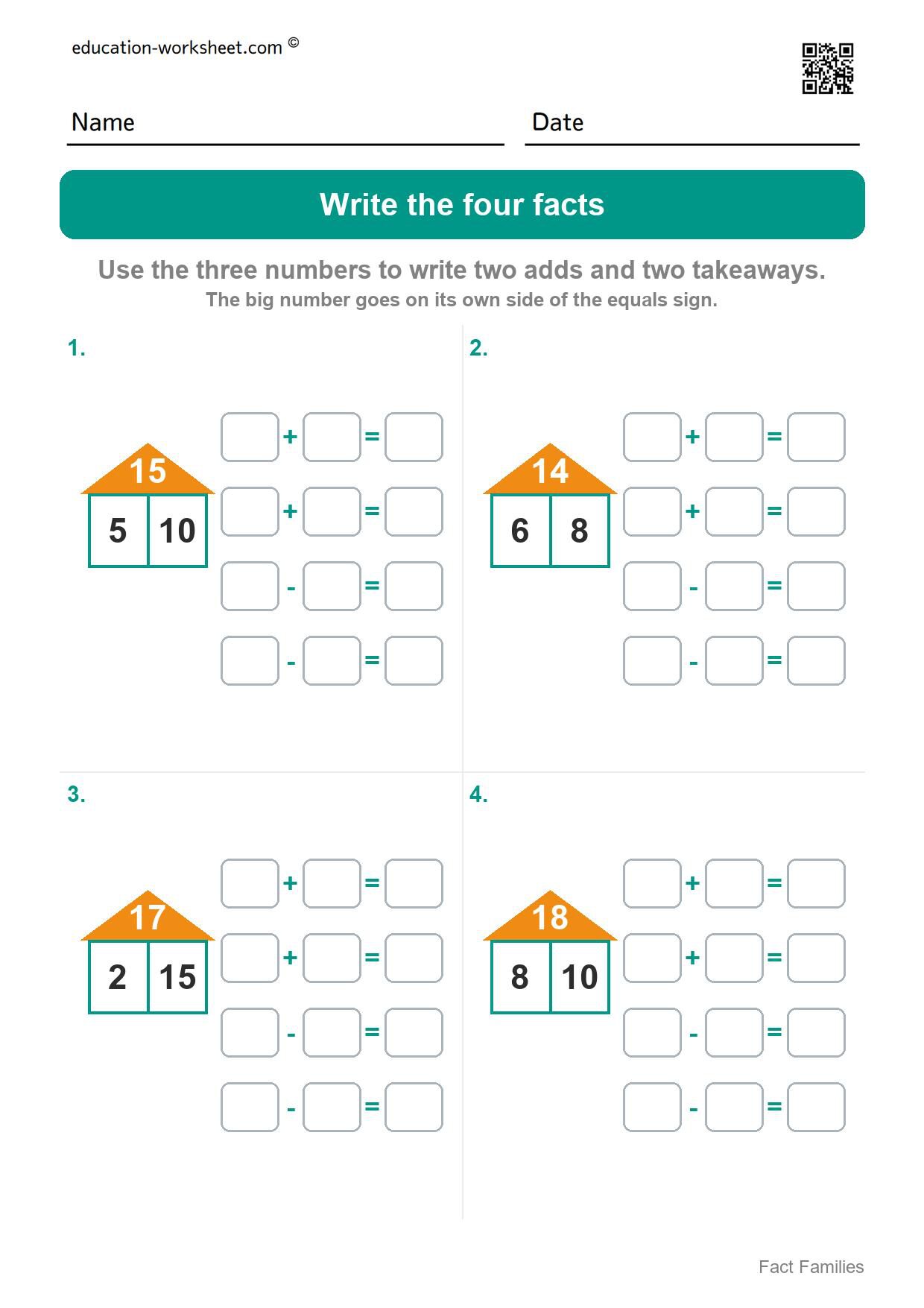 Write the four facts - numbers to 20 (Set 5) - Free Fact Family Worksheets for Kindergarten - Add and Subtract