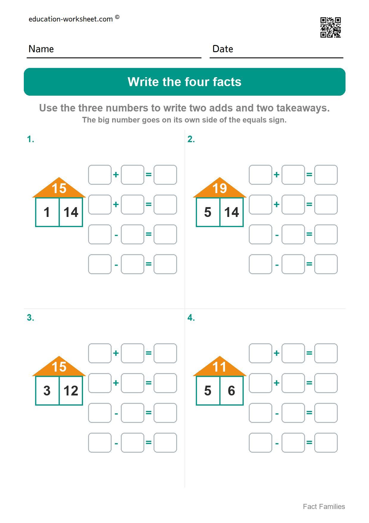 Write the four facts - numbers to 20 (Set 6) - Free Fact Family Worksheets for Kindergarten - Add and Subtract