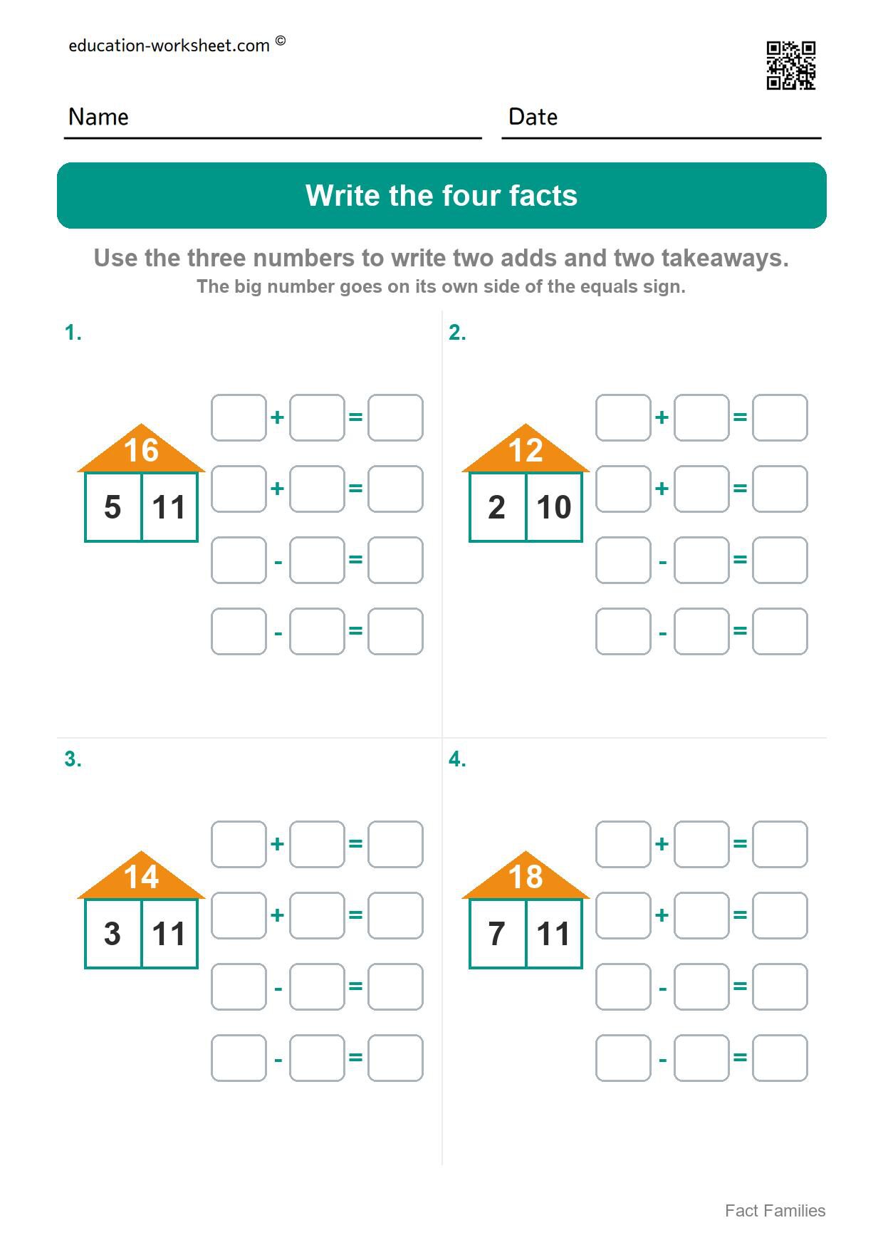 Write the four facts - numbers to 20 (Set 7) - Free Fact Family Worksheets for Kindergarten - Add and Subtract