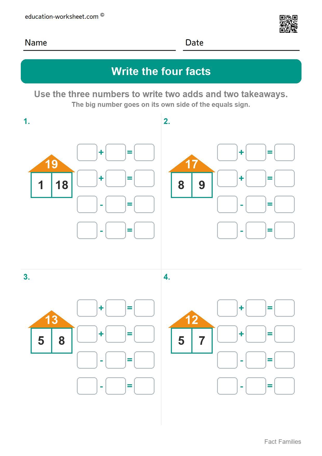 Write the four facts - numbers to 20 (Set 8) - Free Fact Family Worksheets for Kindergarten - Add and Subtract