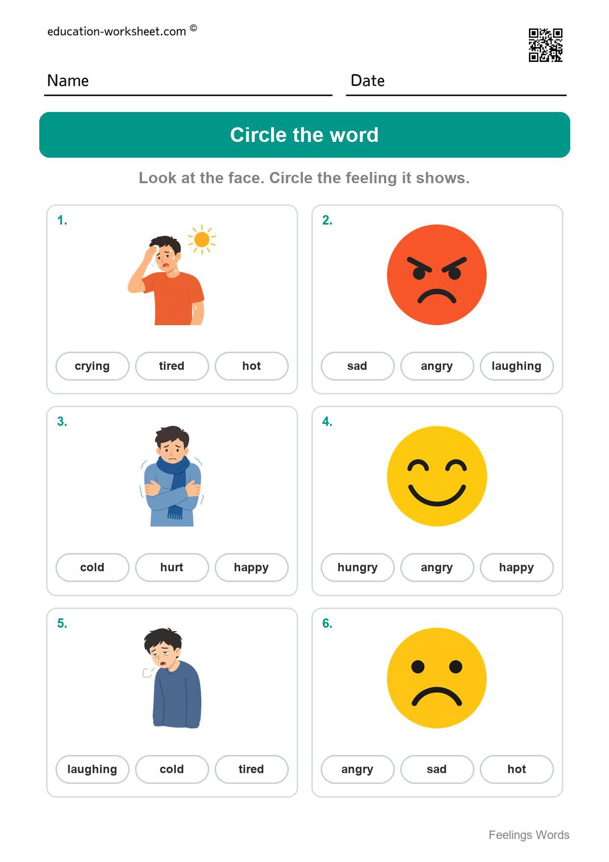 Circle the word (Set 9) - Free Feelings Worksheets for Kindergarten - Name the Feeling