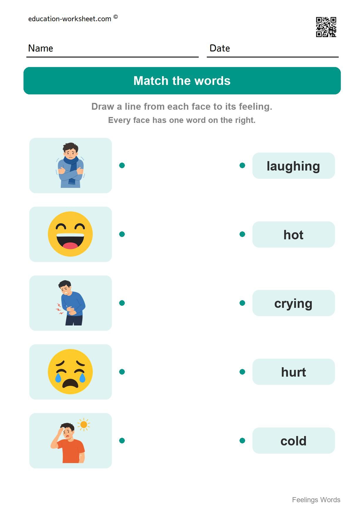 Match the words (Set 10) - Free Feelings Worksheets for Kindergarten - Name the Feeling