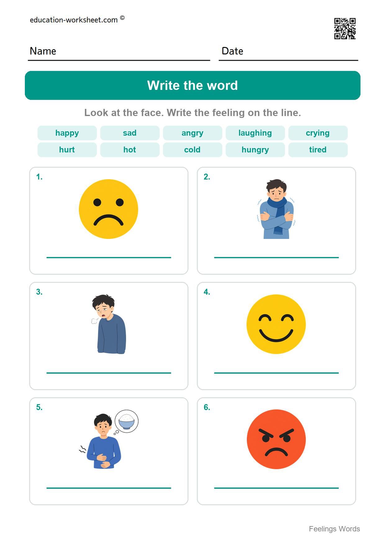 Write the word (Set 11) - Free Feelings Worksheets for Kindergarten - Name the Feeling