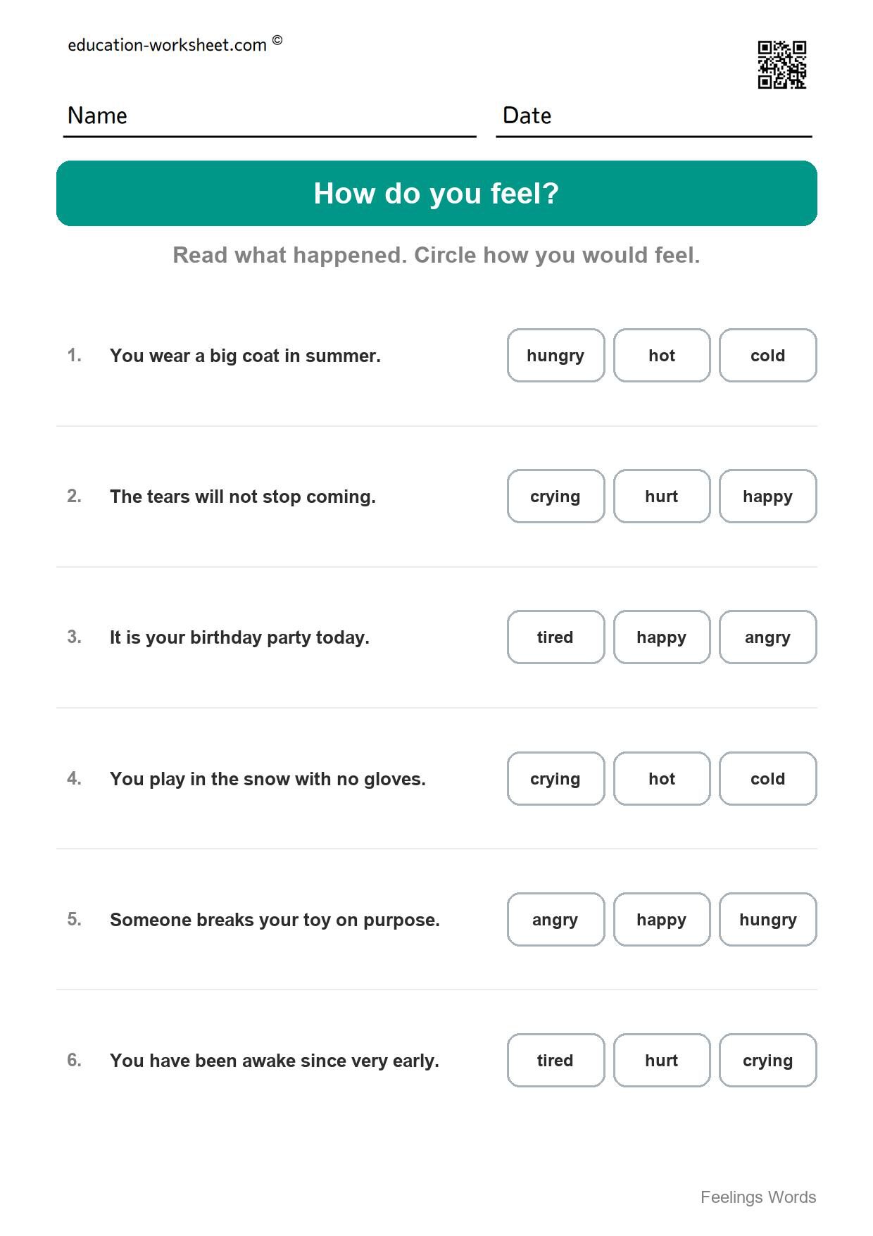 How do you feel (Set 12) - Free Feelings Worksheets for Kindergarten - Name the Feeling