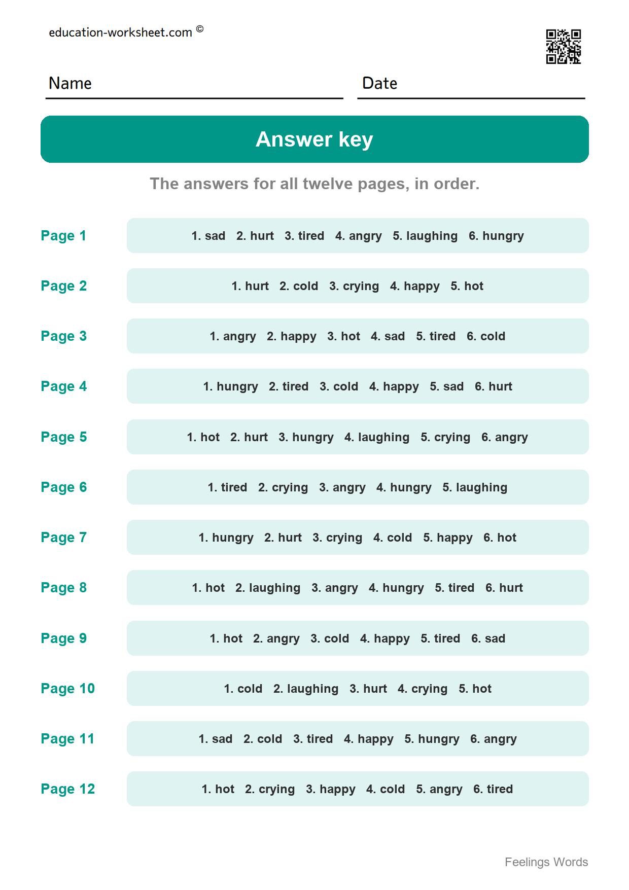 Answer key - all 12 pages - Free Feelings Worksheets for Kindergarten - Name the Feeling