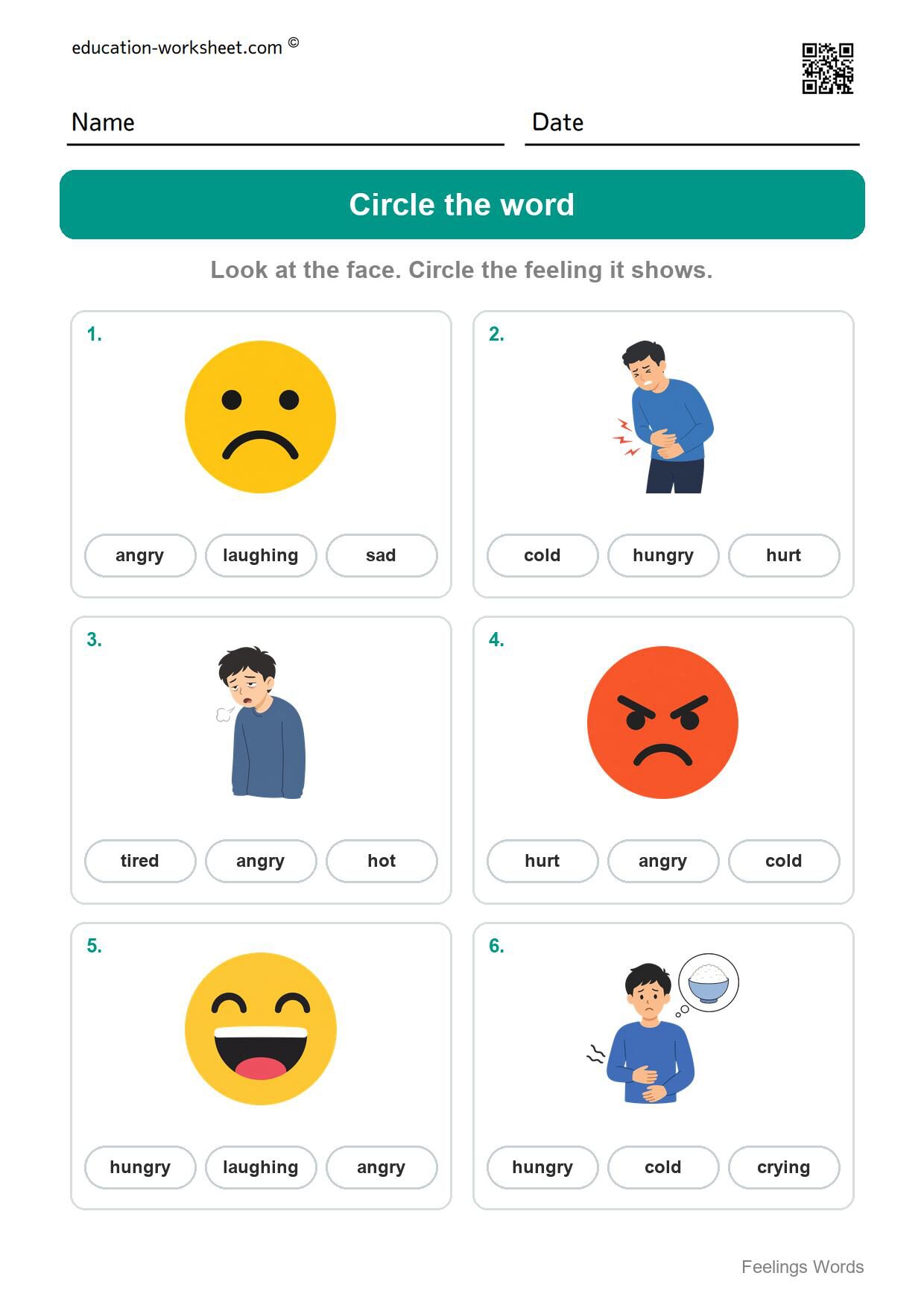 Circle the word (Set 1) - Free Feelings Worksheets for Kindergarten - Name the Feeling