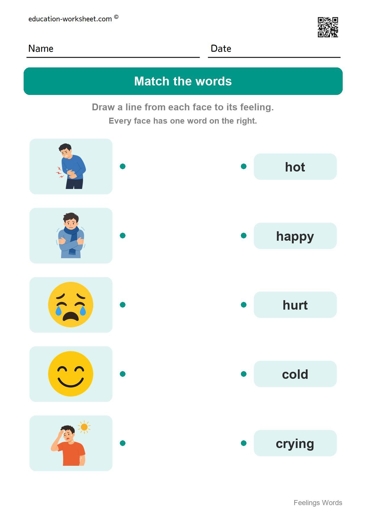 Match the words (Set 2) - Free Feelings Worksheets for Kindergarten - Name the Feeling
