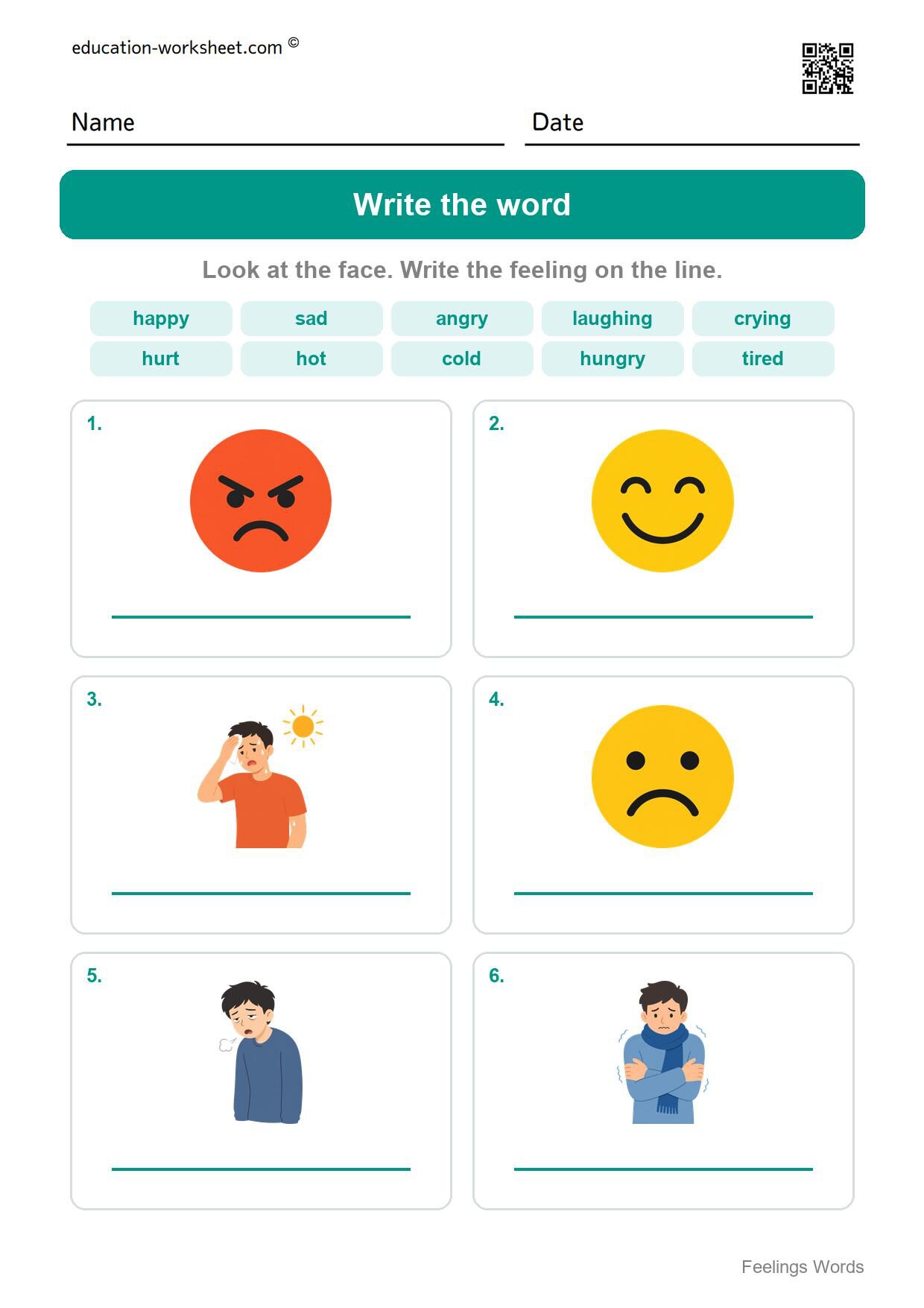 Write the word (Set 3) - Free Feelings Worksheets for Kindergarten - Name the Feeling