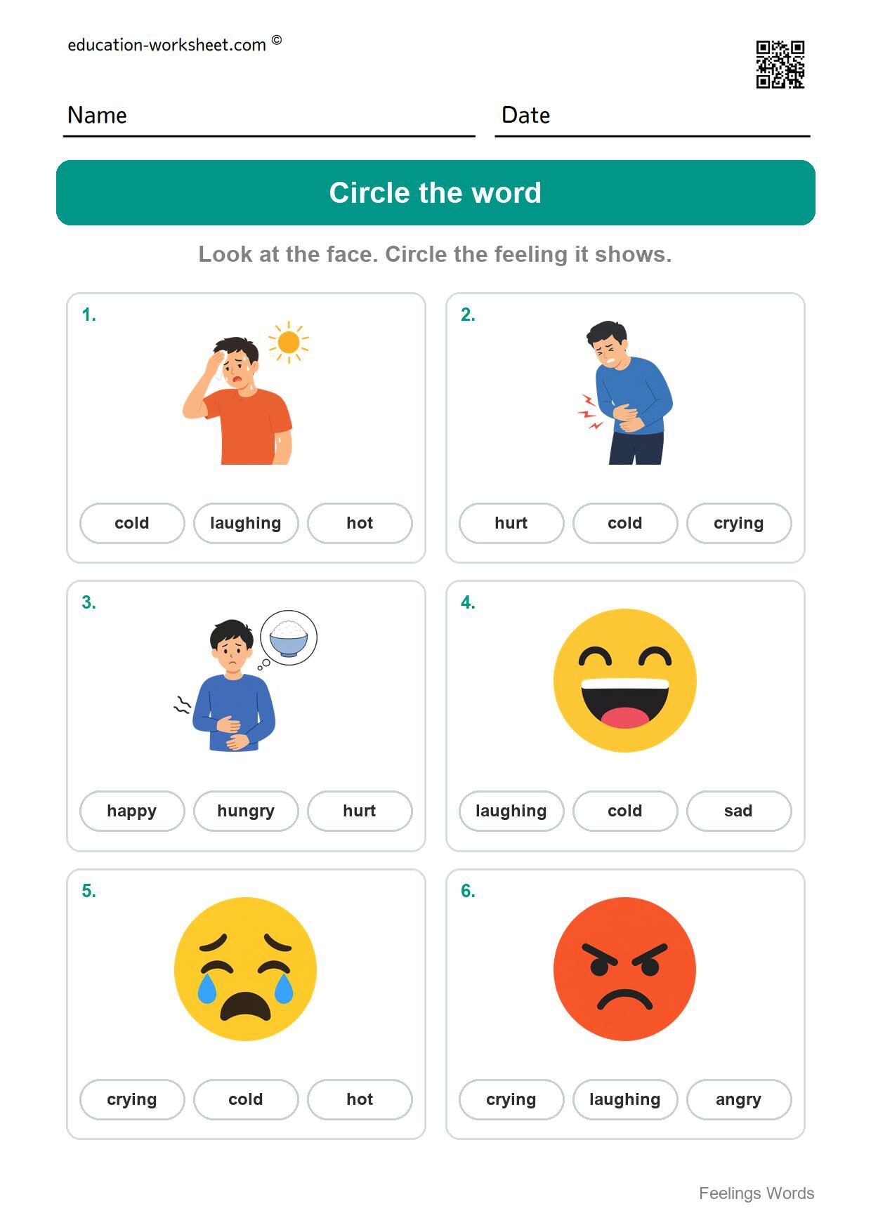 Circle the word (Set 5) - Free Feelings Worksheets for Kindergarten - Name the Feeling