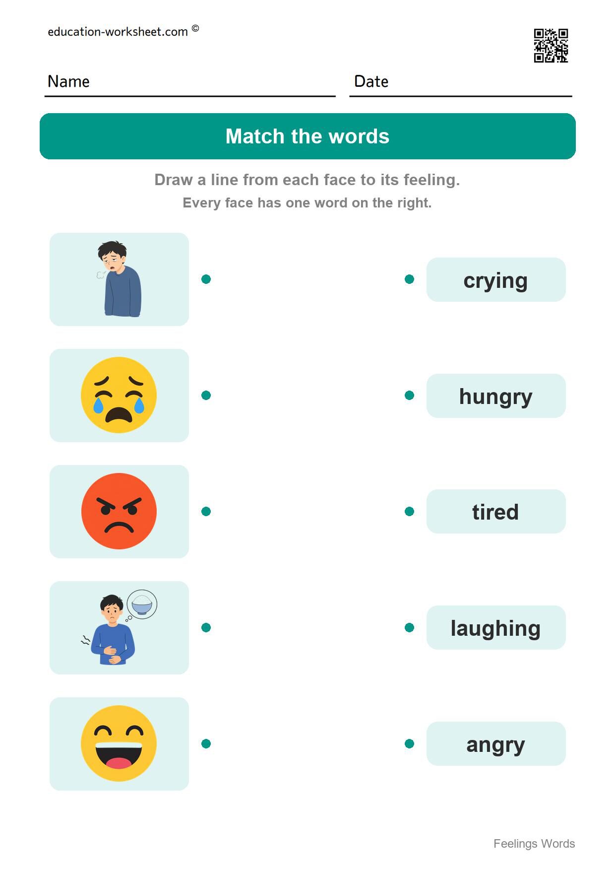 Match the words (Set 6) - Free Feelings Worksheets for Kindergarten - Name the Feeling
