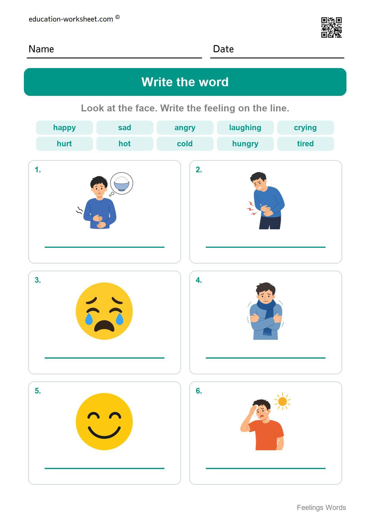 Write the word (Set 7) - Free Feelings Worksheets for Kindergarten - Name the Feeling