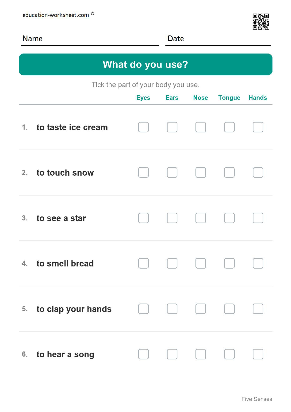 What part of your body do you use? (Set 10) - Free Five Senses Worksheets for Kindergarten - Science