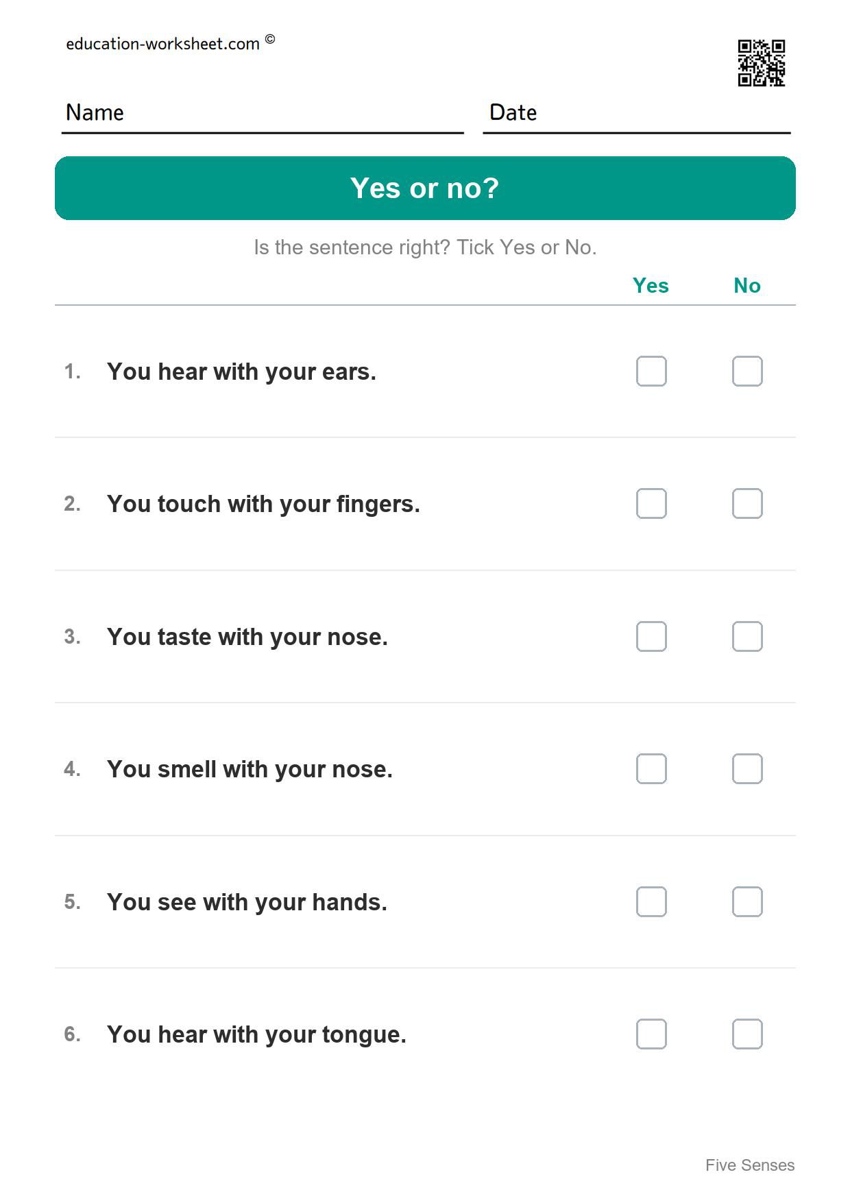 Yes or no? (Set 11) - Free Five Senses Worksheets for Kindergarten - Science