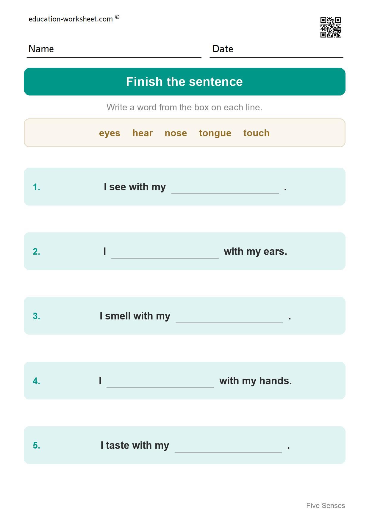 Finish the sentence (Set 12) - Free Five Senses Worksheets for Kindergarten - Science