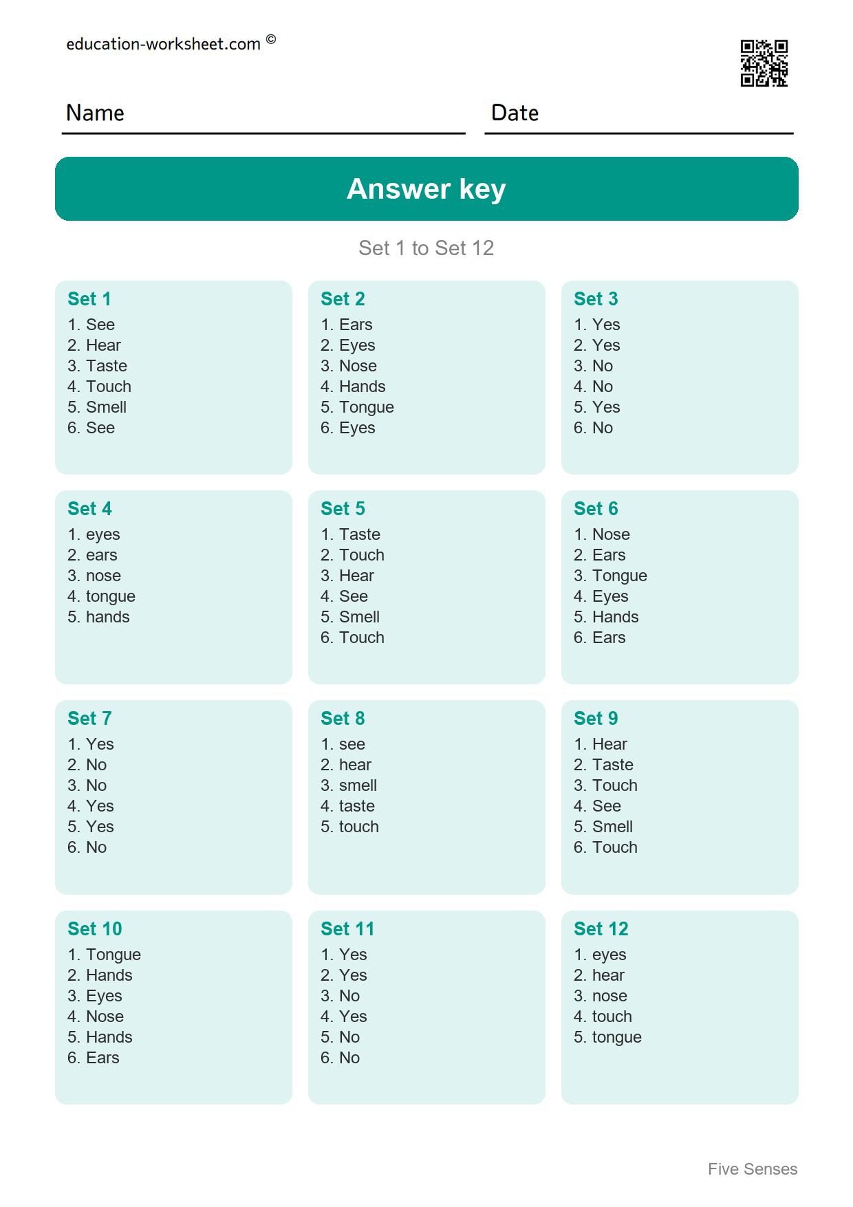Answer key - Free Five Senses Worksheets for Kindergarten - Science
