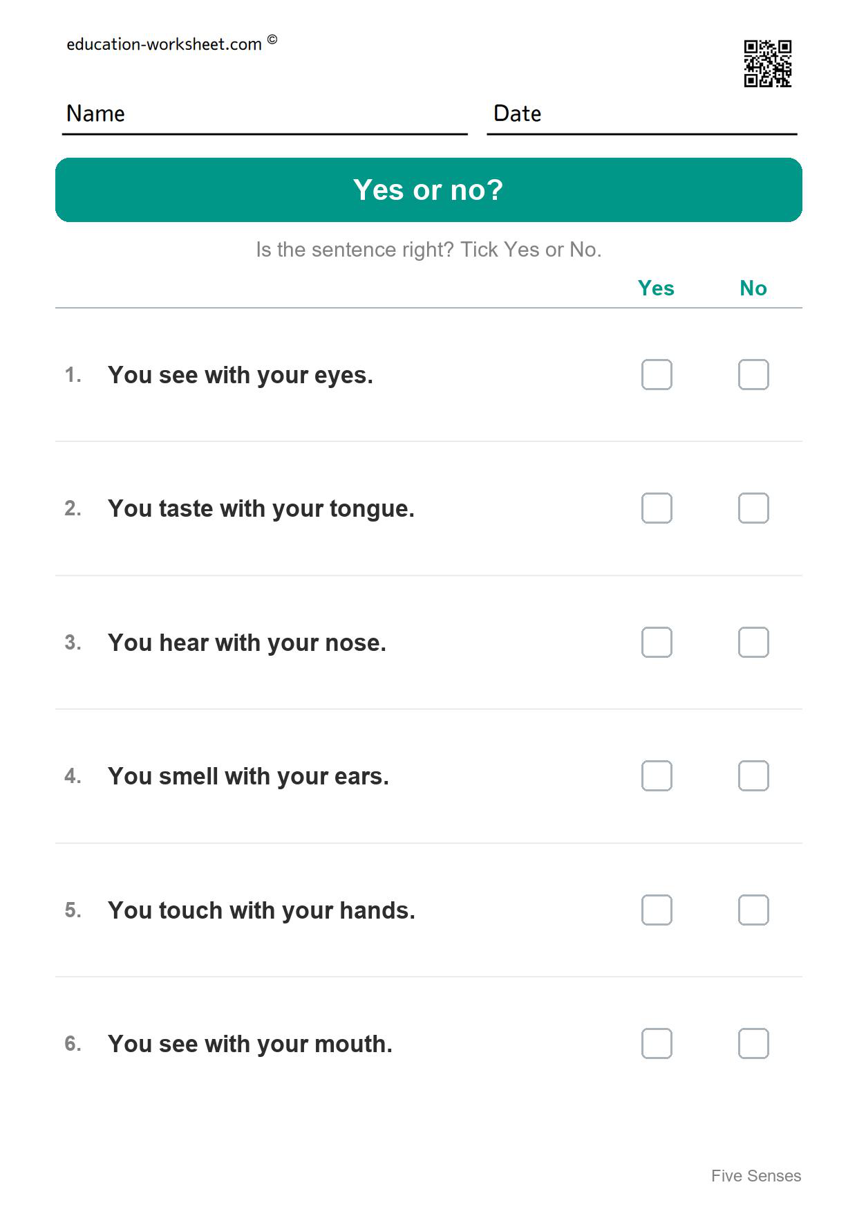 Yes or no? (Set 3) - Free Five Senses Worksheets for Kindergarten - Science