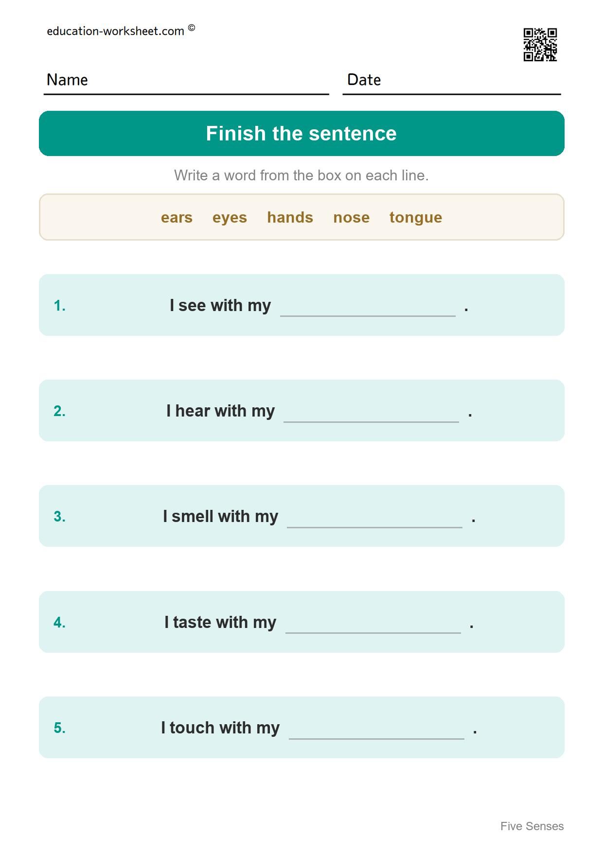 Finish the sentence (Set 4) - Free Five Senses Worksheets for Kindergarten - Science