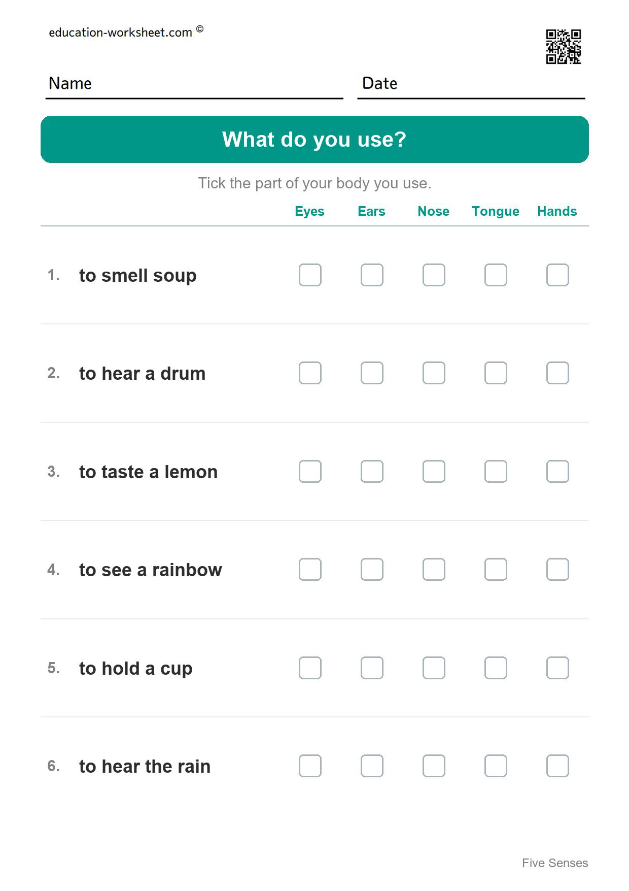 What part of your body do you use? (Set 6) - Free Five Senses Worksheets for Kindergarten - Science