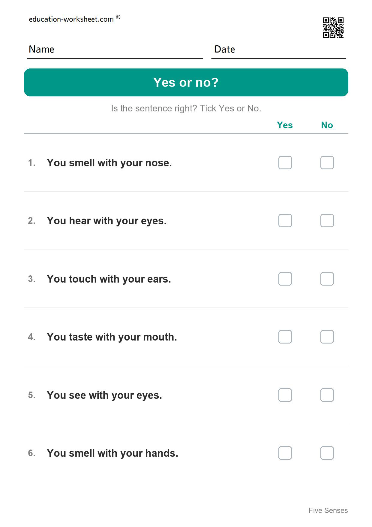 Yes or no? (Set 7) - Free Five Senses Worksheets for Kindergarten - Science