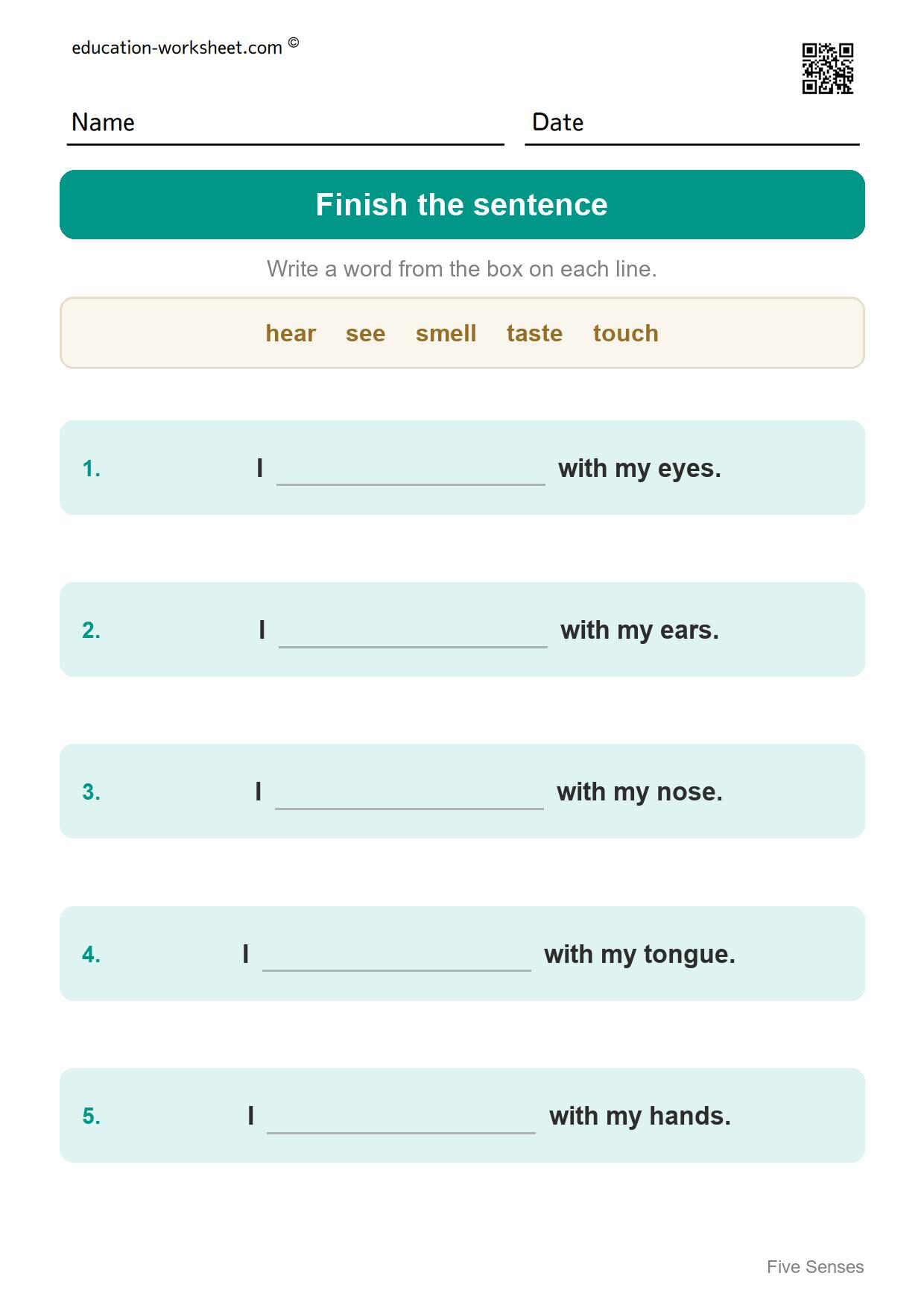 Finish the sentence (Set 8) - Free Five Senses Worksheets for Kindergarten - Science