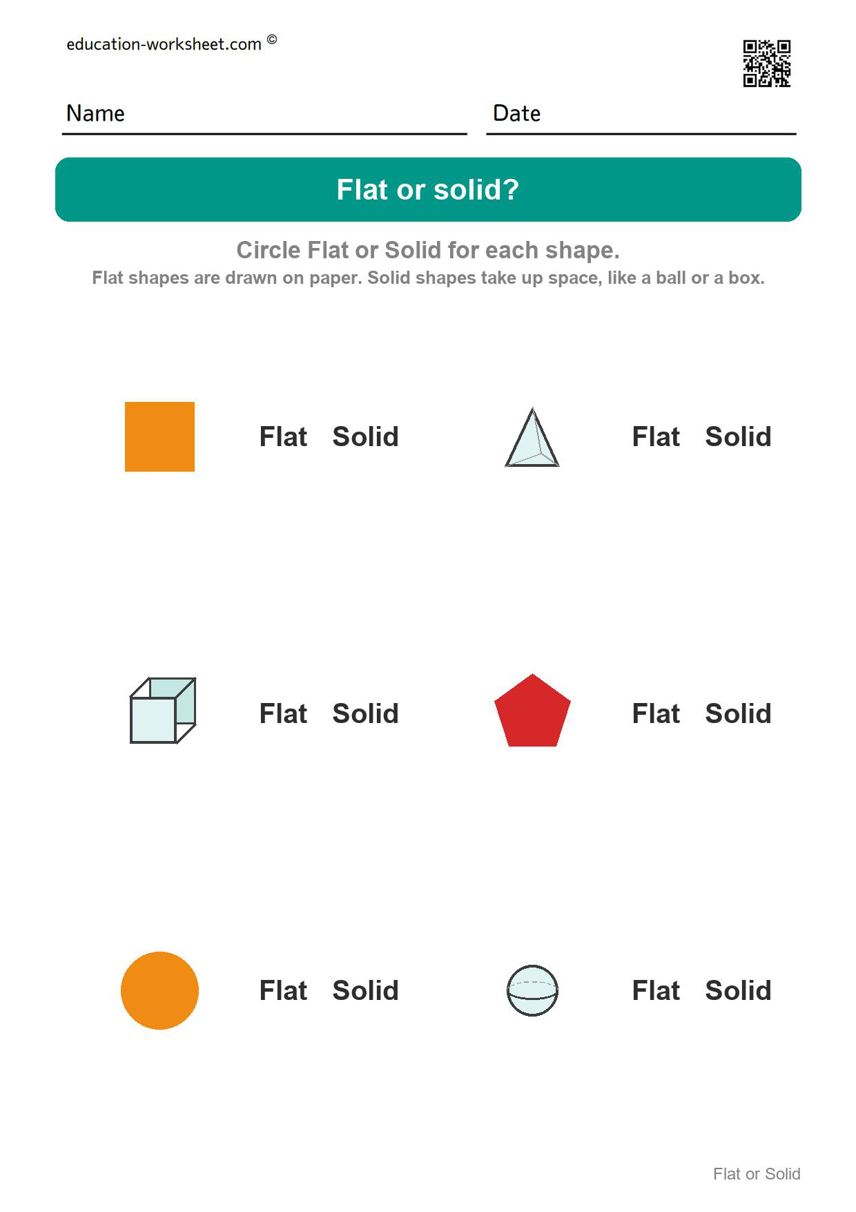Flat or solid (Set 1) - Free Flat or Solid Shapes Worksheets for Kindergarten - 2D vs 3D Shapes