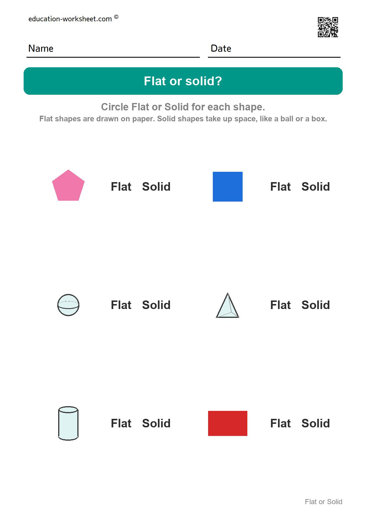 Flat or solid (Set 10) - Free Flat or Solid Shapes Worksheets for Kindergarten - 2D vs 3D Shapes